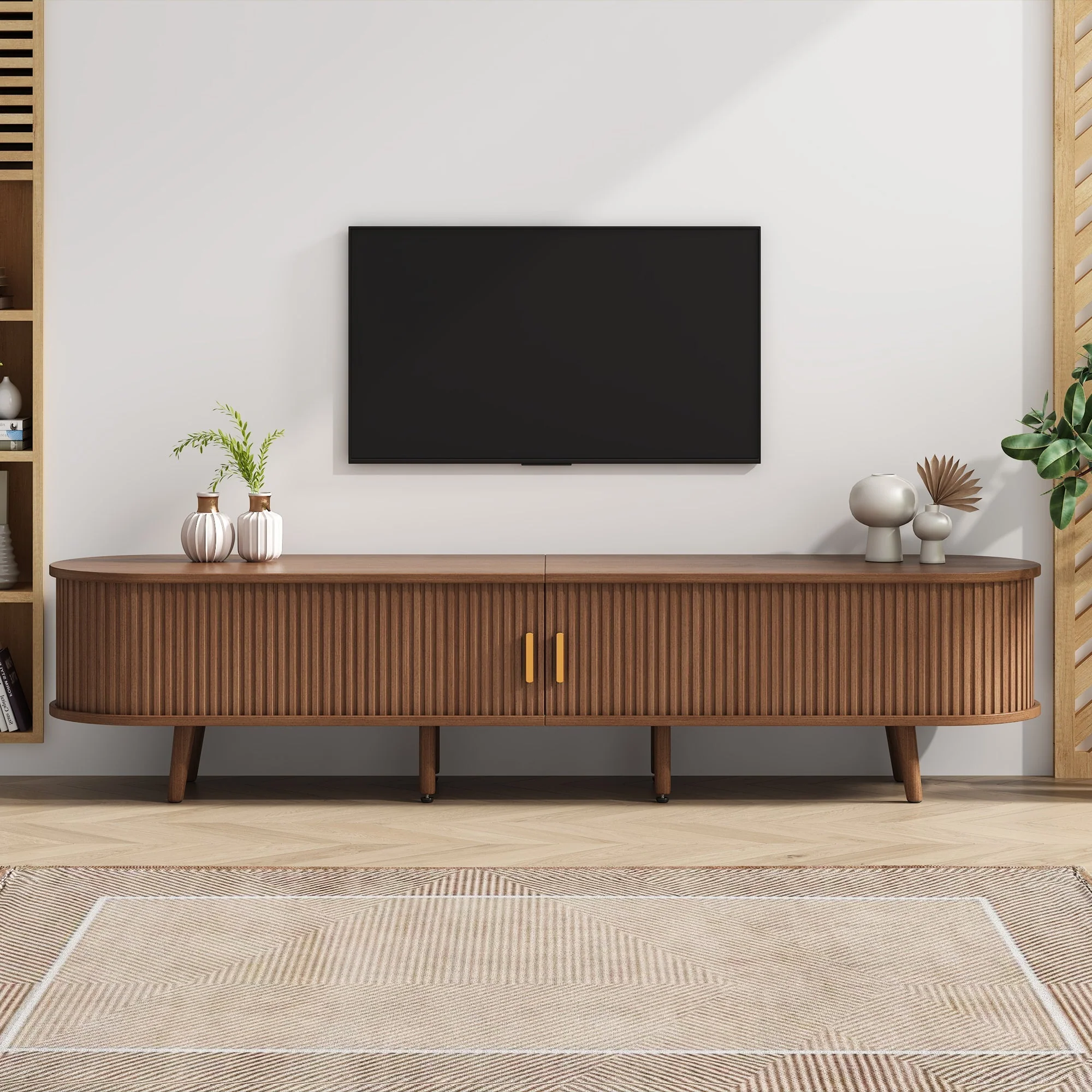 TV Stand with Drawers and Sliding Doors, Oval Cabinet for 70 Inch TV, Dark Oak MDF - Image 2