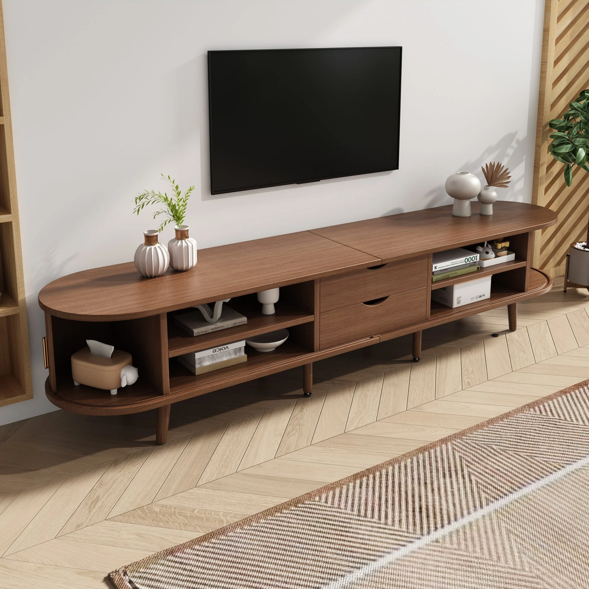 TV Stand with Drawers and Sliding Doors, Oval Cabinet for 70 Inch TV, Dark Oak MDF - Image 6