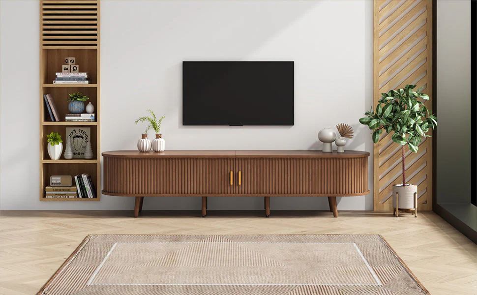 TV Stand with Drawers and Sliding Doors, Oval Cabinet for 70 Inch TV, Dark Oak MDF - Image 7