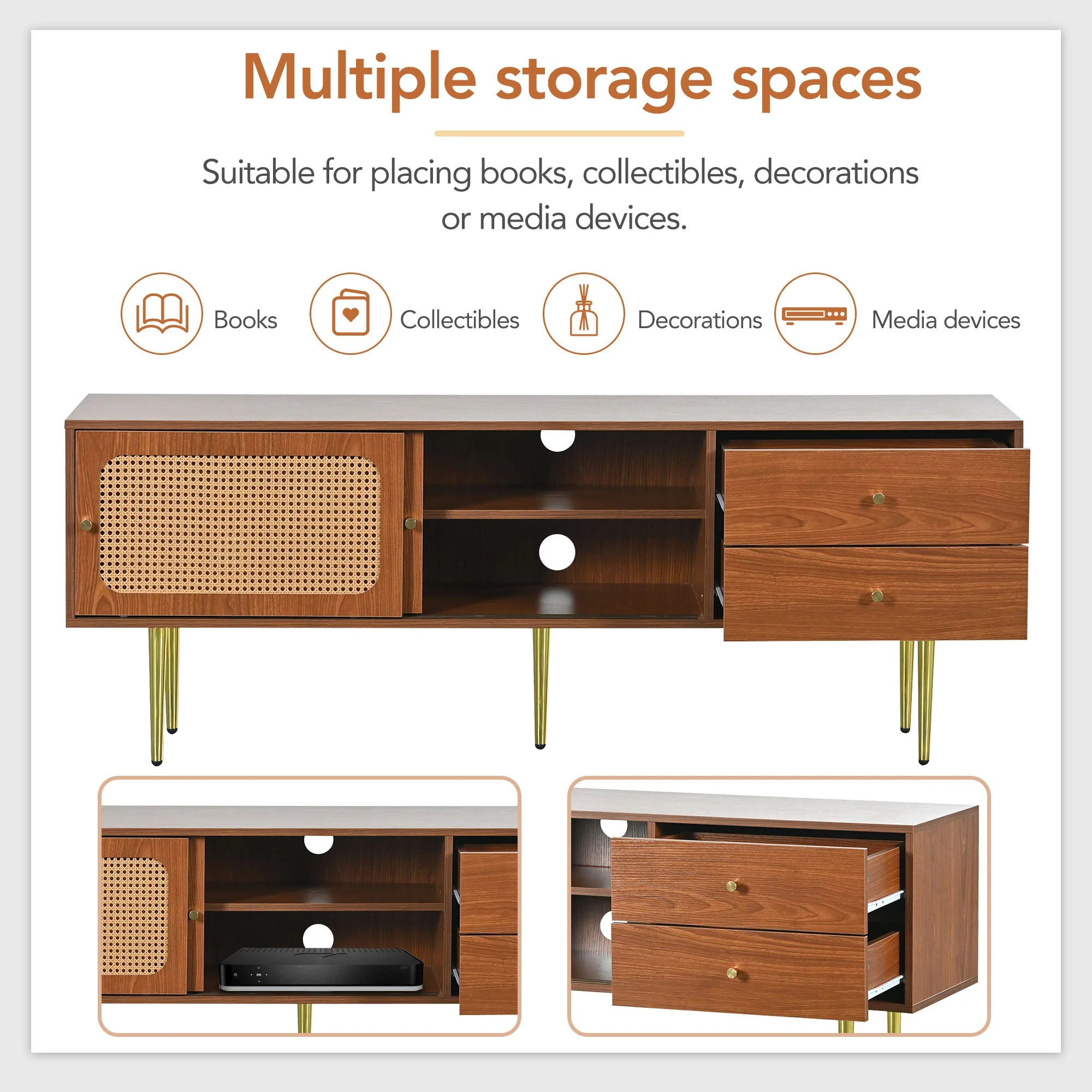 TV Stand with Rattan Sliding Doors & Drawers, Walnut - Image 5
