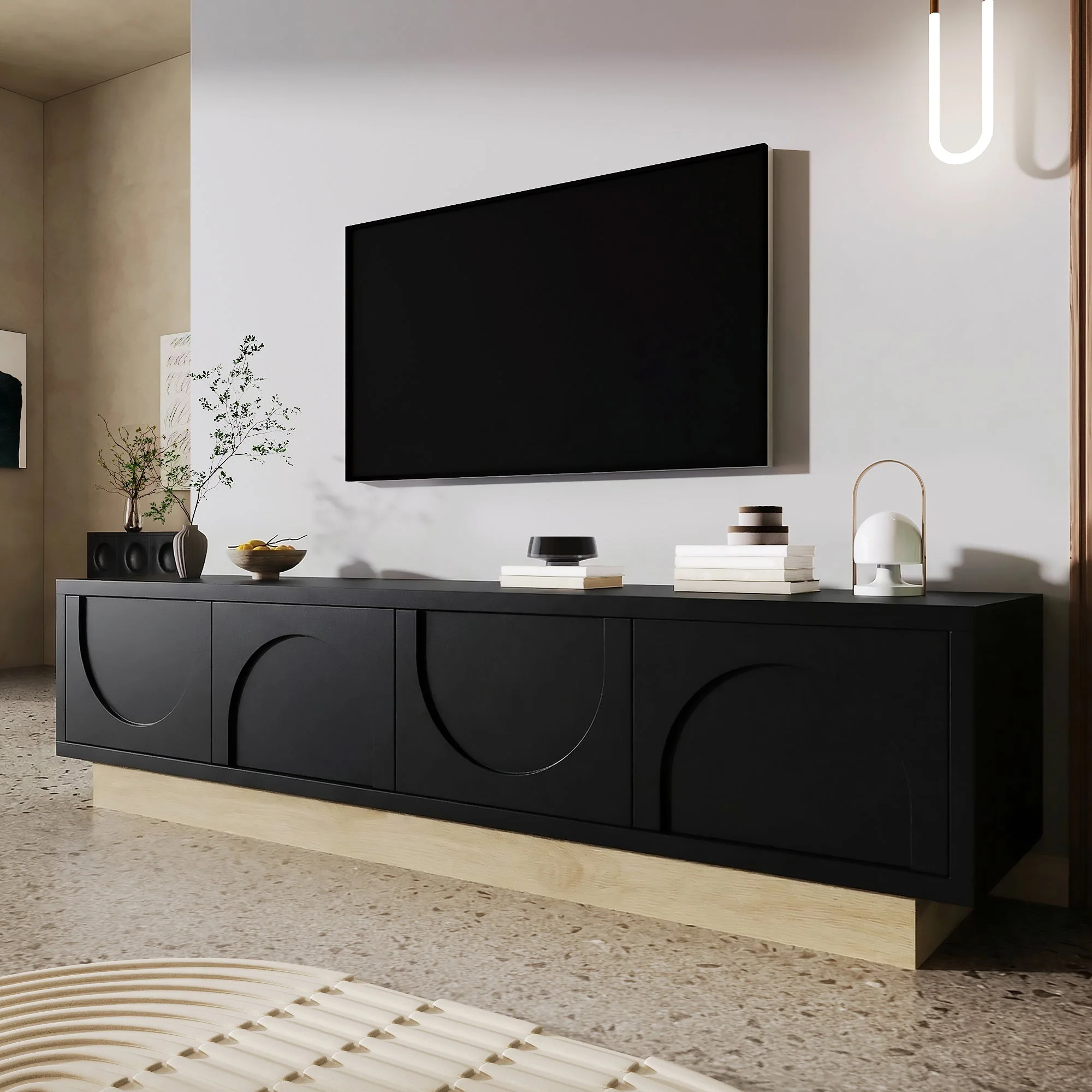 TV Stand with Storage and Cable Management, 175cm, Black Wood Grain - Image 7