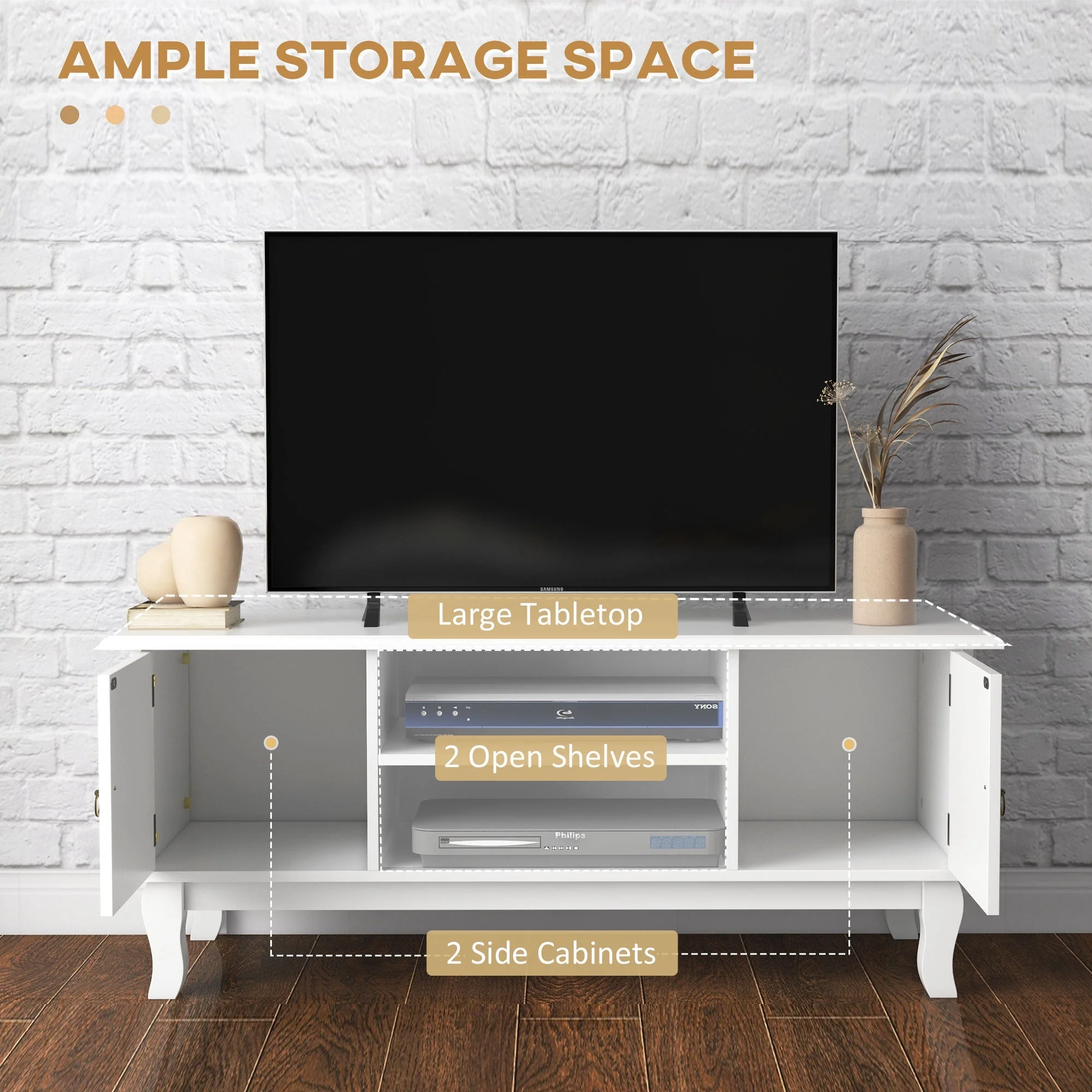 TV Unit 55" Cabinet, 2 Doors Open Storage Cable Management, White - Image 5