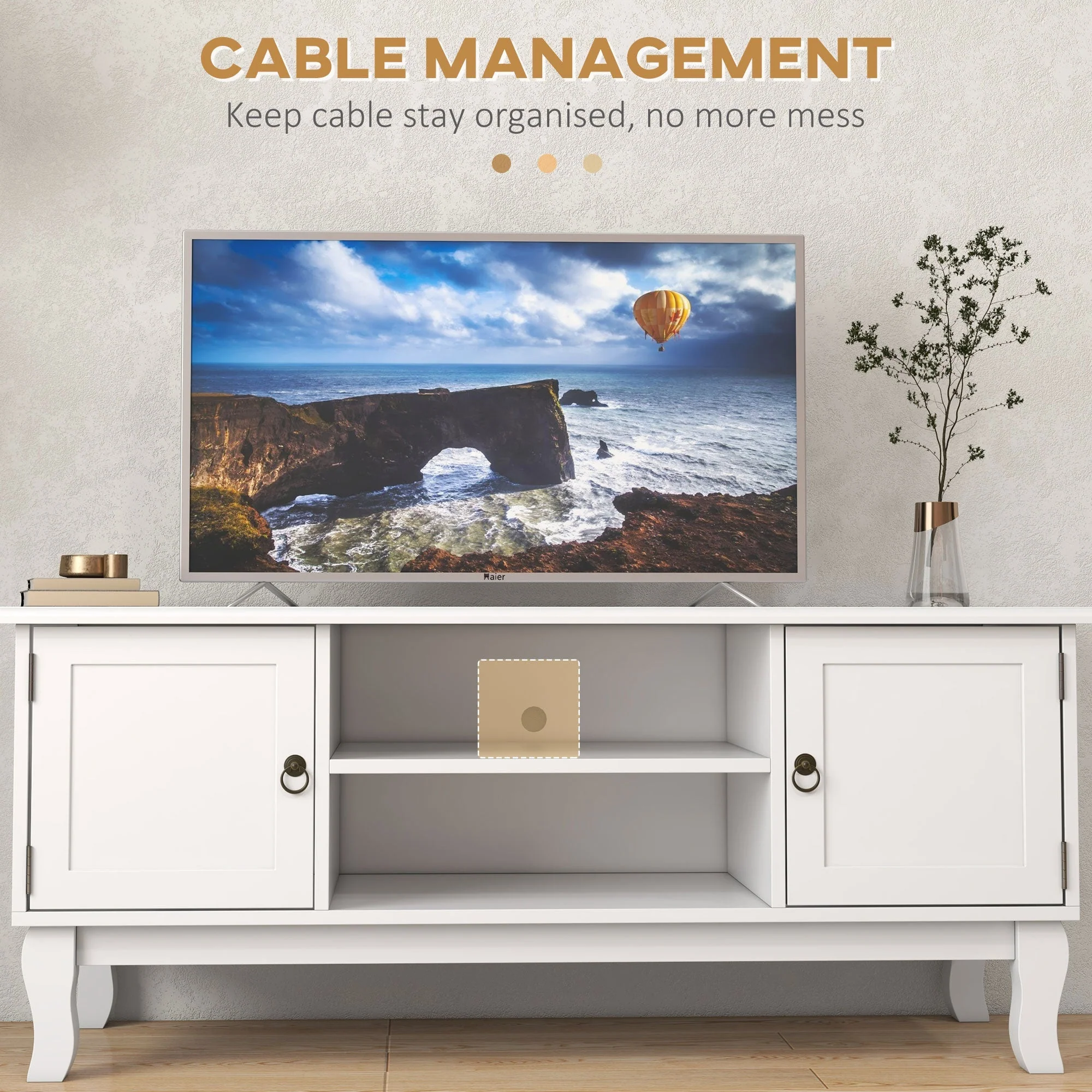TV Unit 55" Cabinet, 2 Doors Open Storage Cable Management, White - Image 6