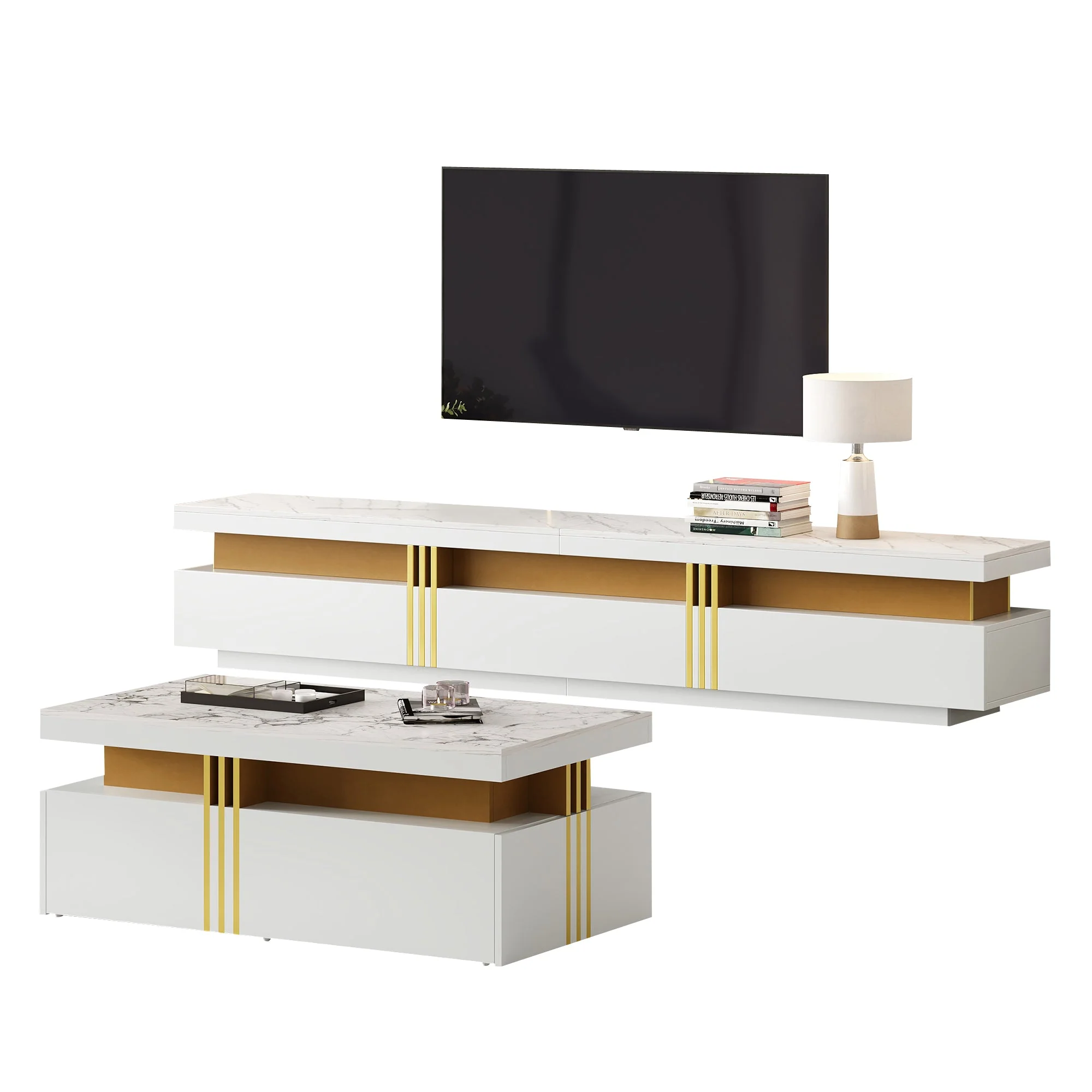 TV Wall Cabinet Set with Coffee Table & TV Cabinet, White - Image 10