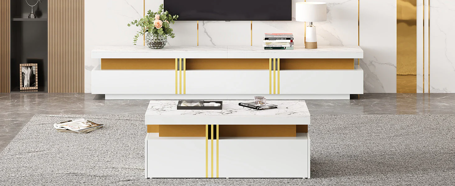 TV Wall Cabinet Set with Coffee Table & TV Cabinet, White - Image 2