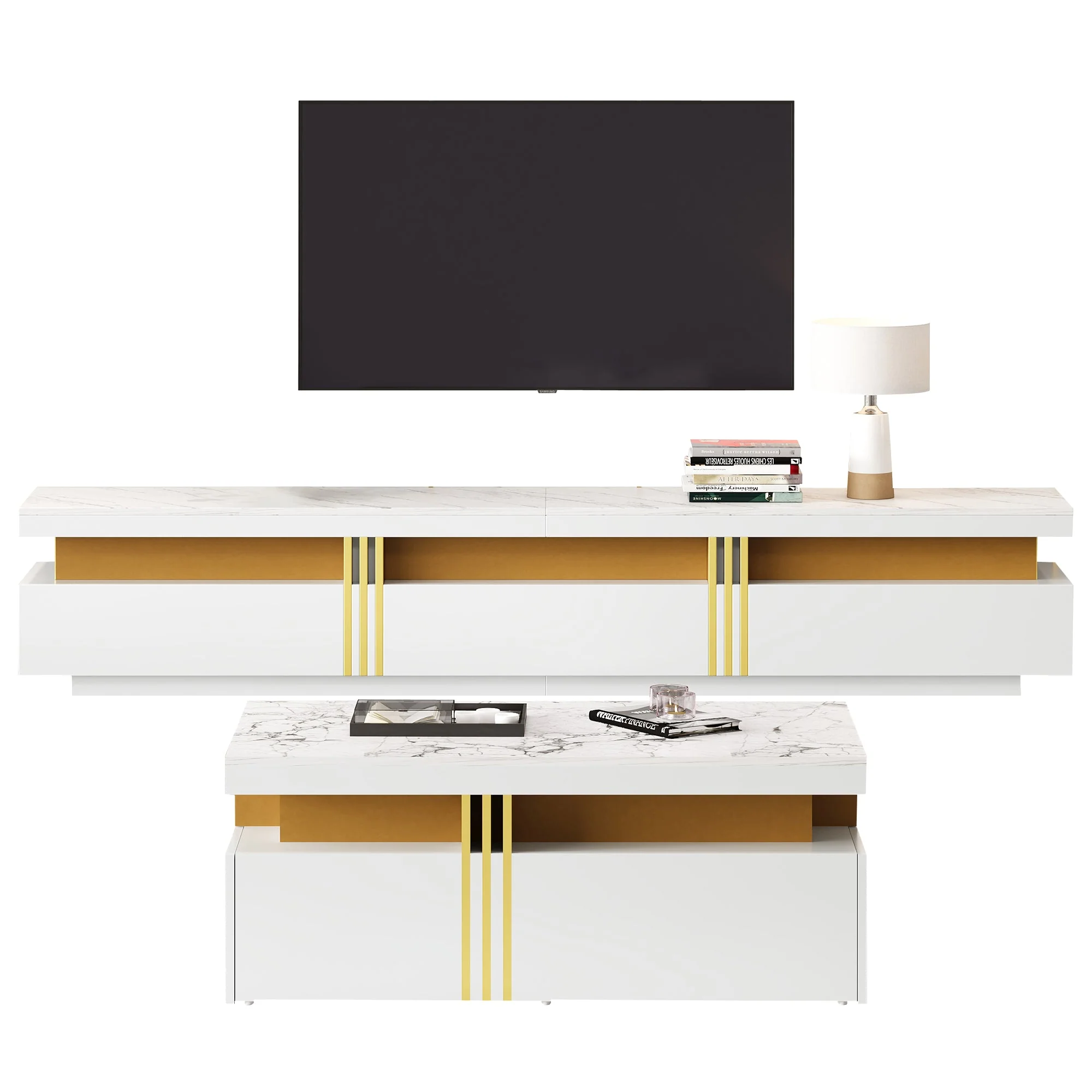 TV Wall Cabinet Set with Coffee Table & TV Cabinet, White - Image 3