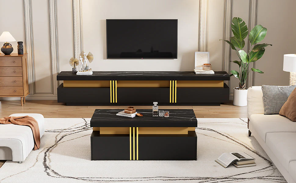 TV Wall Combination, Multifunctional Cabinet with Coffee Table, Black - Image 7