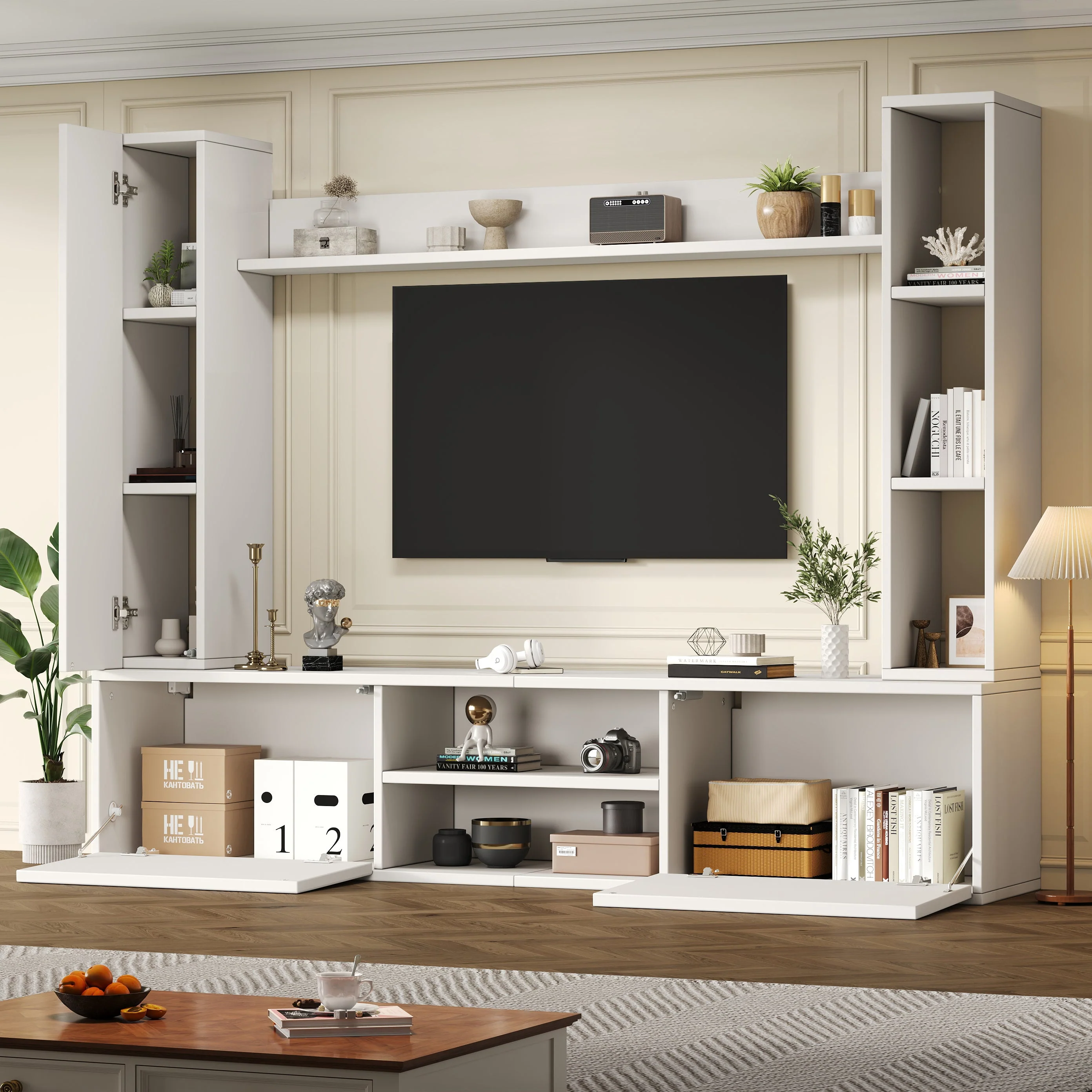 TV Wall Unit Set, 4-Piece Media with Display Cabinets, TV Board, Shelves, White - Image 2