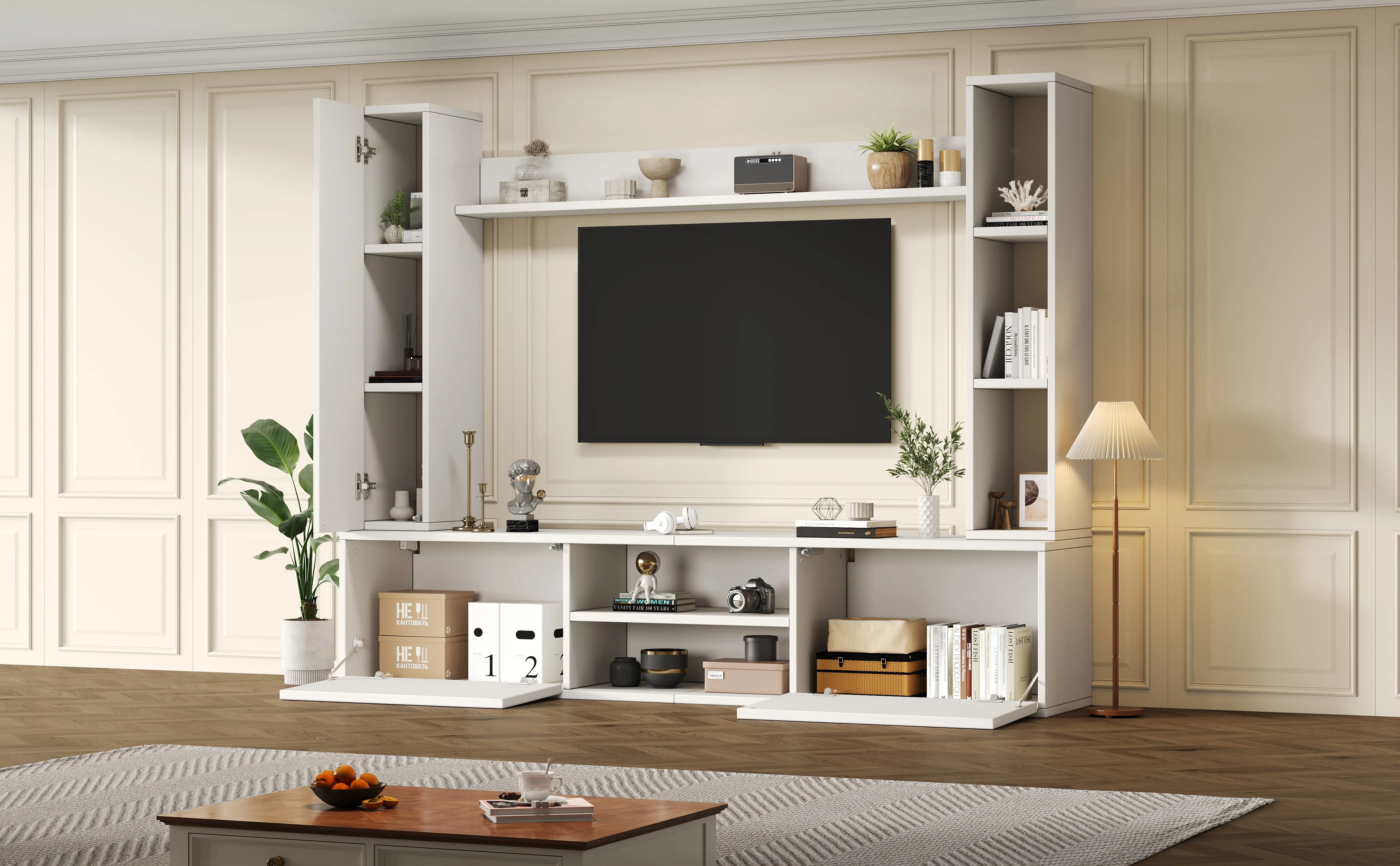 TV Wall Unit Set, 4-Piece Media with Display Cabinets, TV Board, Shelves, White - Image 5