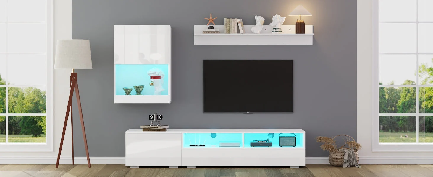 TV Wall Unit Set with Display Cabinet, 3-Piece Media Unit, LED High Gloss, White - Image 10