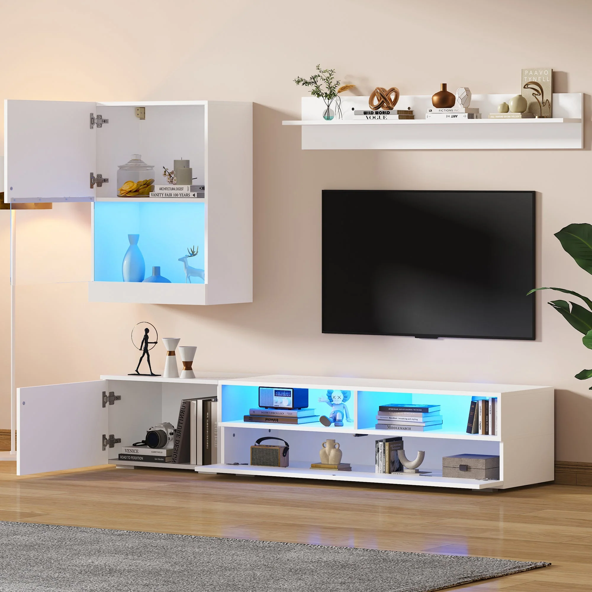 TV Wall Unit Set with Display Cabinet, 3-Piece Media Unit, LED High Gloss, White - Image 6