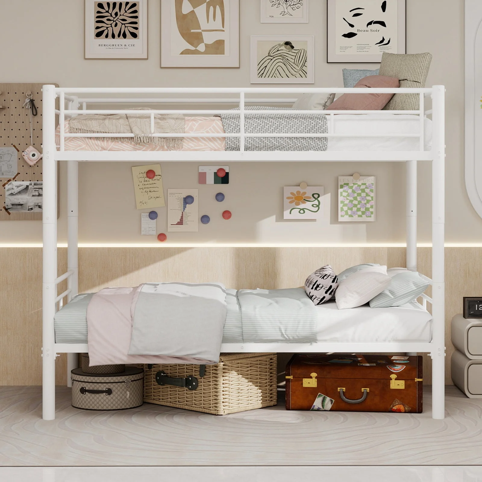 Twin over Twin Bunk Bed Convertible 2 Beds with Ladders & Railings, Metal - Image 7