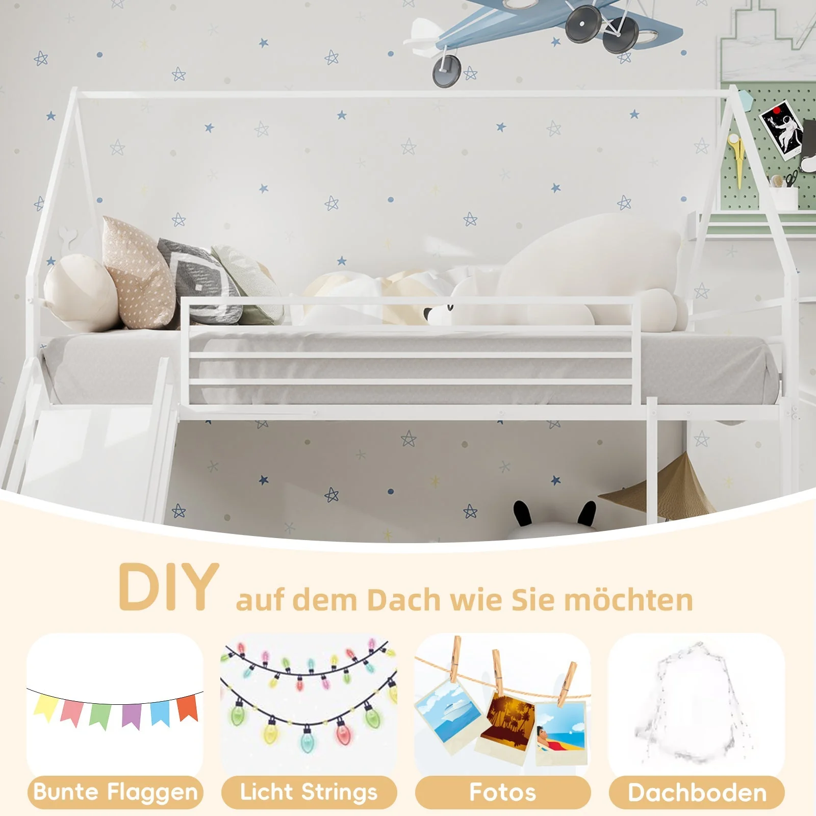 Twin over Twin Bunk Bed, House Shaped with Slide & Ladder, Metal - Image 10