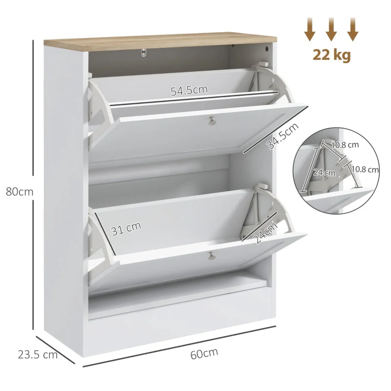 Two Flip Drawer Shoe Cabinet, Slim Storage Adjustable Shelves, White - Image 3