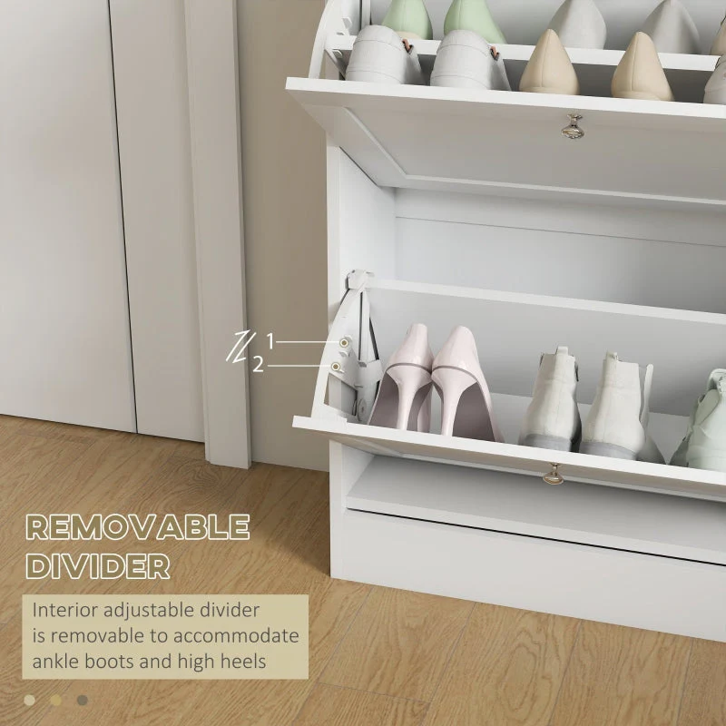 Two Flip Drawer Shoe Cabinet, Slim Storage Adjustable Shelves, White - Image 6