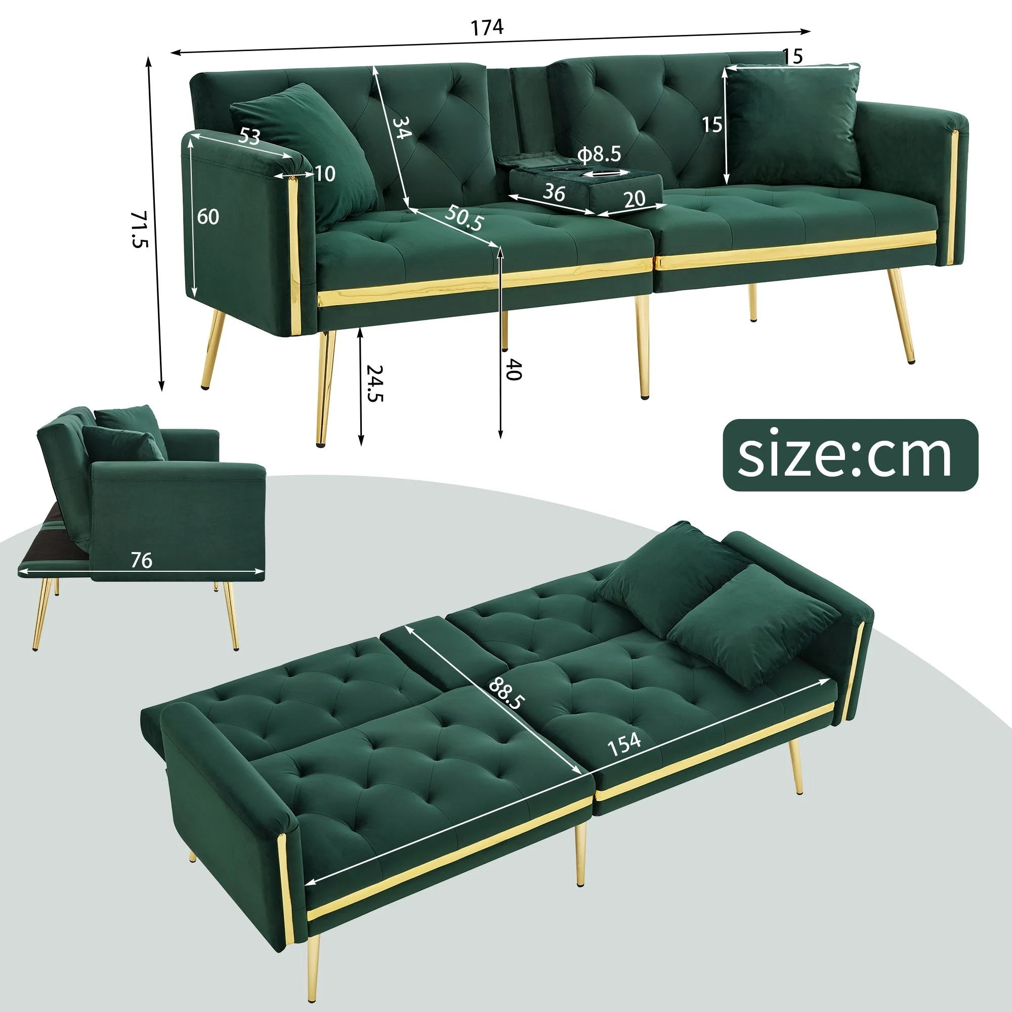 Two-seater Sofa Bed, Adjustable Backrest and Cup Holders, Velvet - Image 4