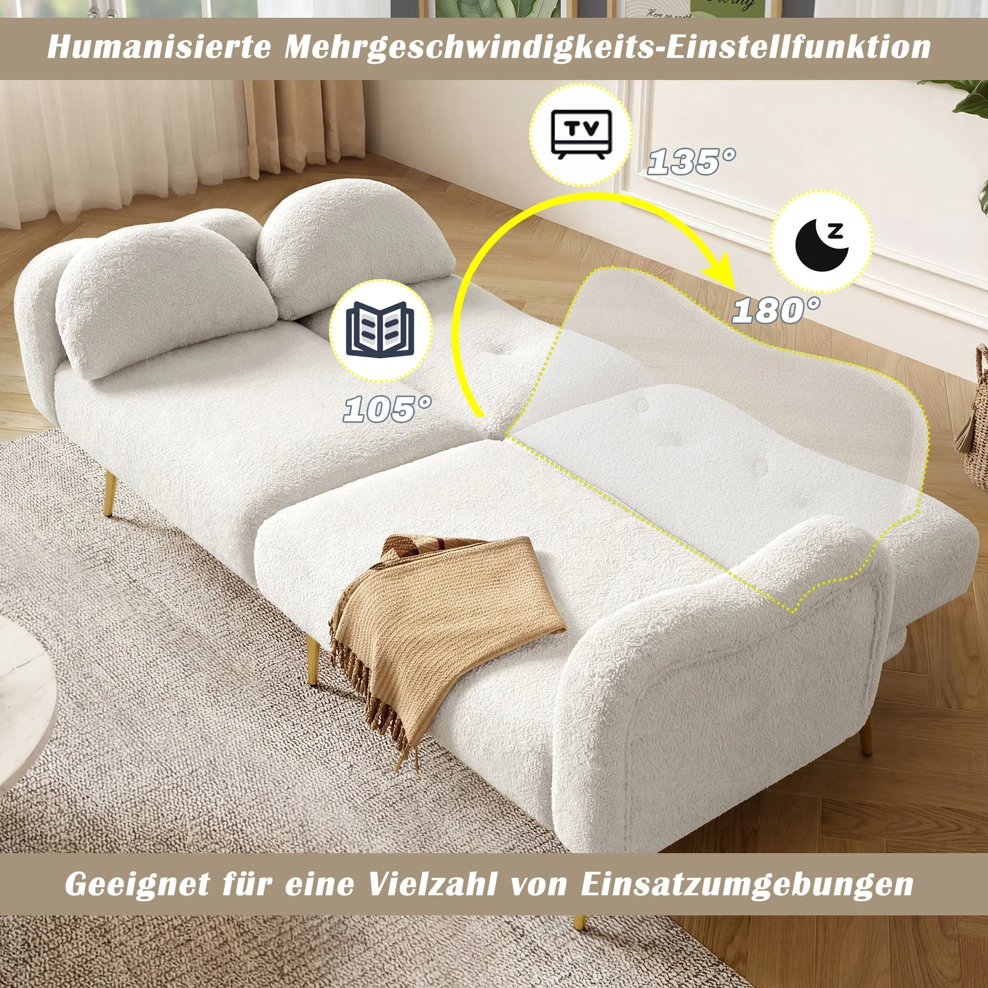 Two-Seater Sofa Bed Adjustable Backrest Gold Metal Feet - Image 4