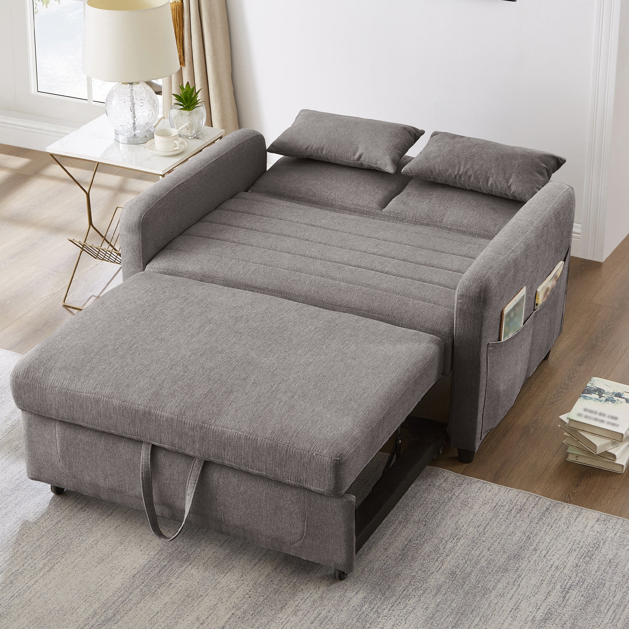 Two-Seater Sofa Bed with Adjustable Backrest and Pull-Out Design, Cotton-Linen Fabric - Image 5
