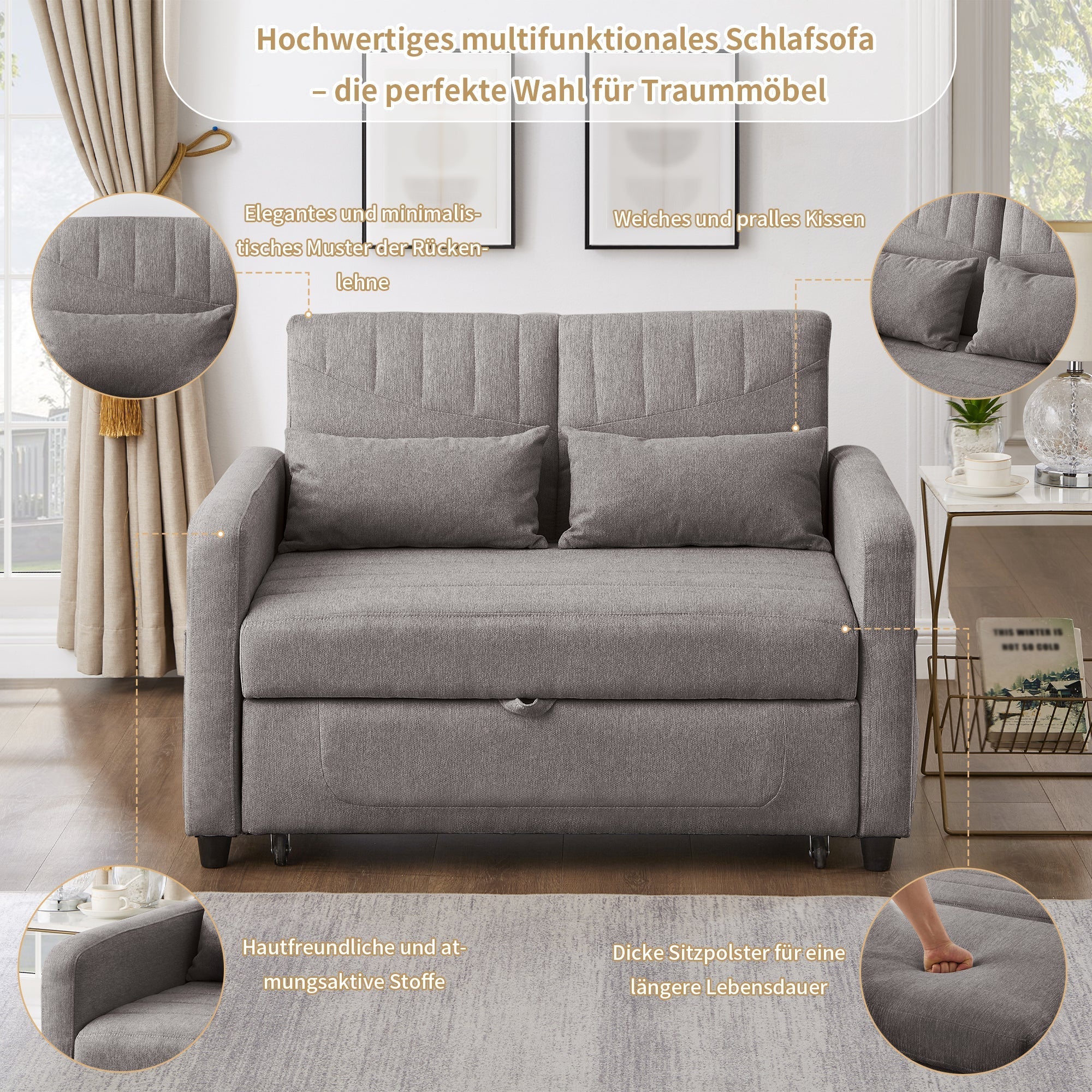 Two-Seater Sofa Bed with Adjustable Backrest and Pull-Out Design, Cotton-Linen Fabric - Image 6