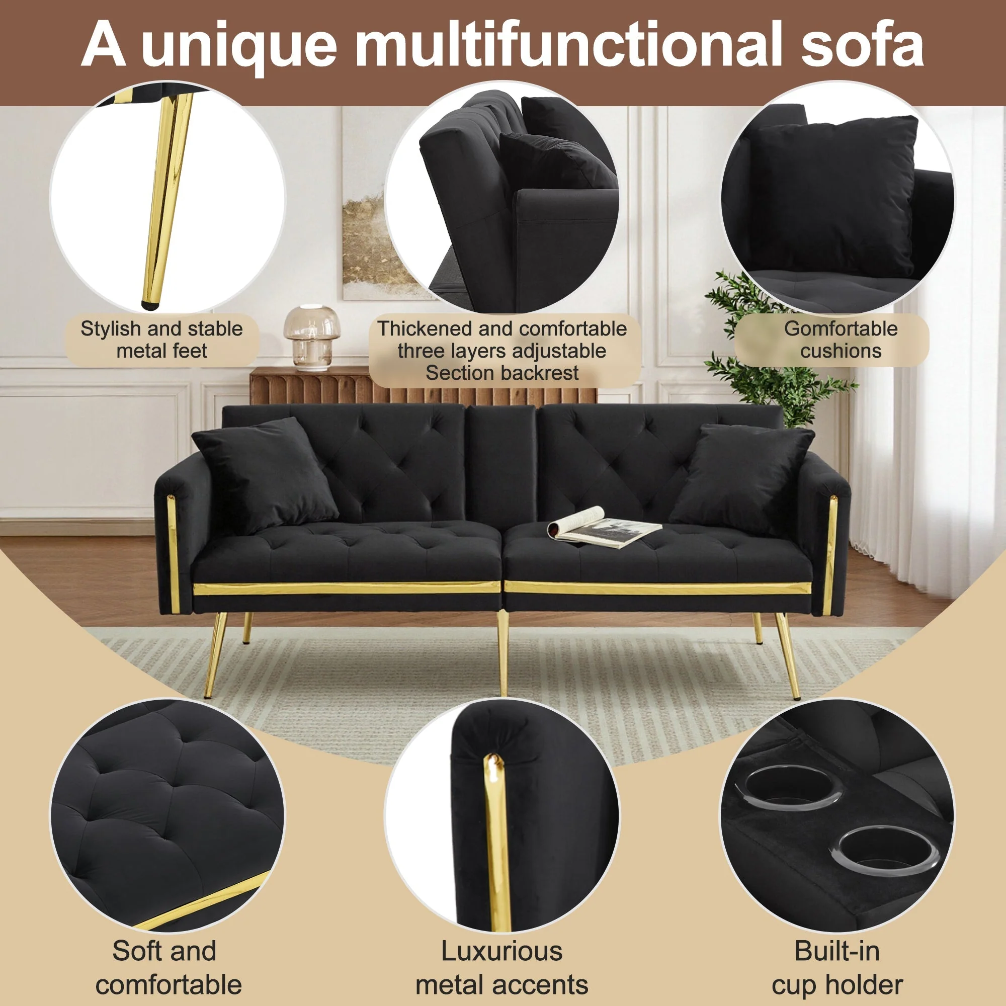Two-seater Sofa Bed with Adjustable Backrest, Gold Accents, and Cup Holders - Velvet - Image 3