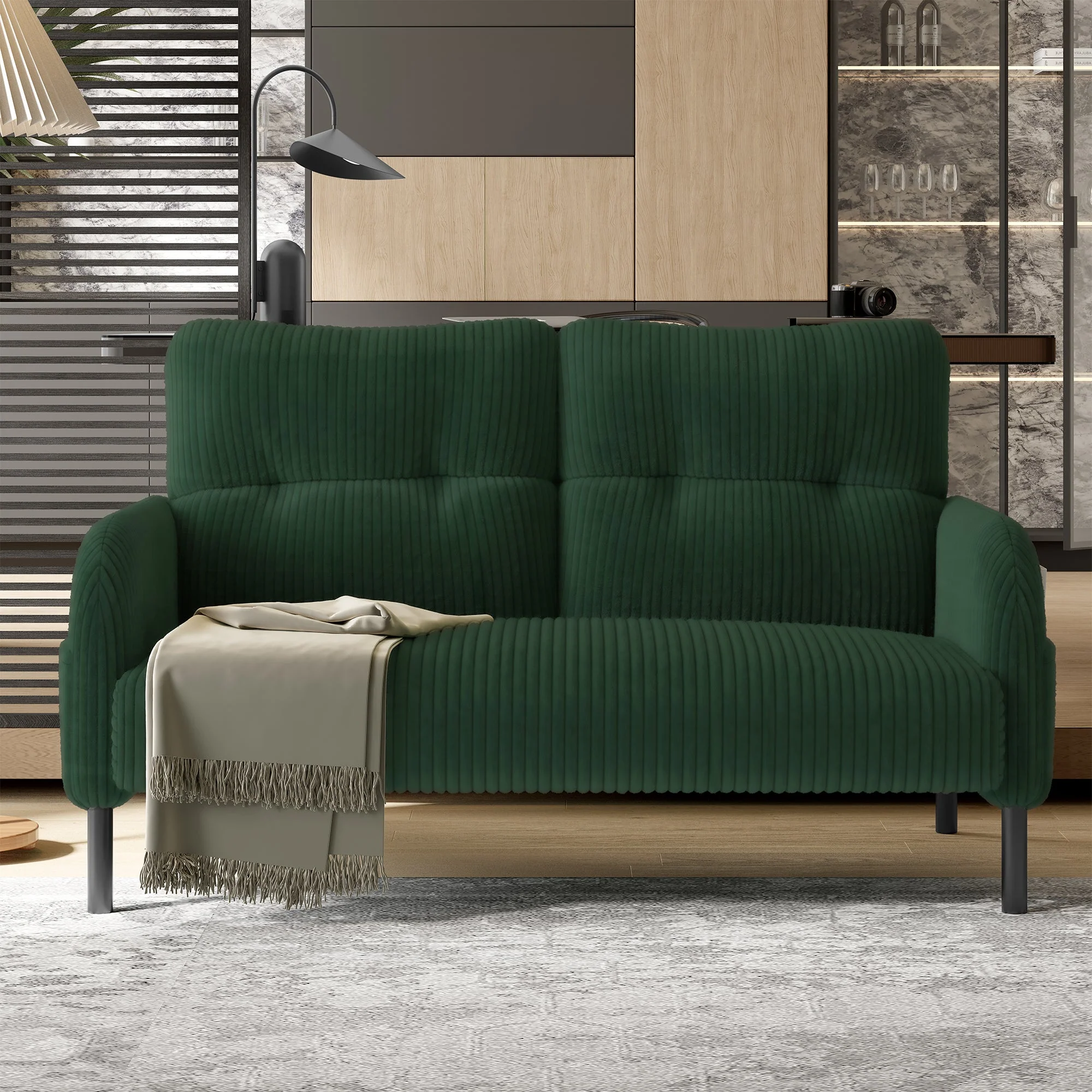Two-Seater Sofa, Comfort Padding High Backrest Side Pockets Metal Feet, Corduroy - Image 16