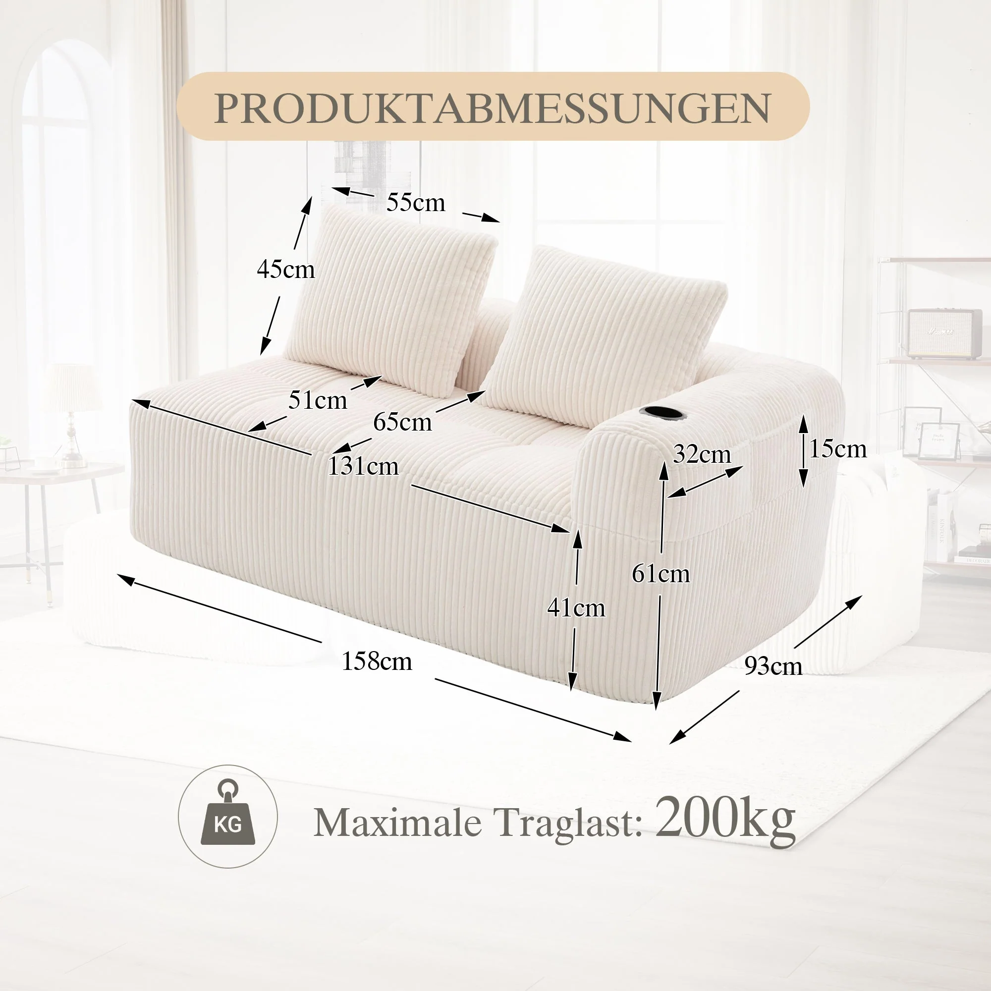 Two-Seater Sofa Storage Pocket Drink Holder - Corduroy - Image 2