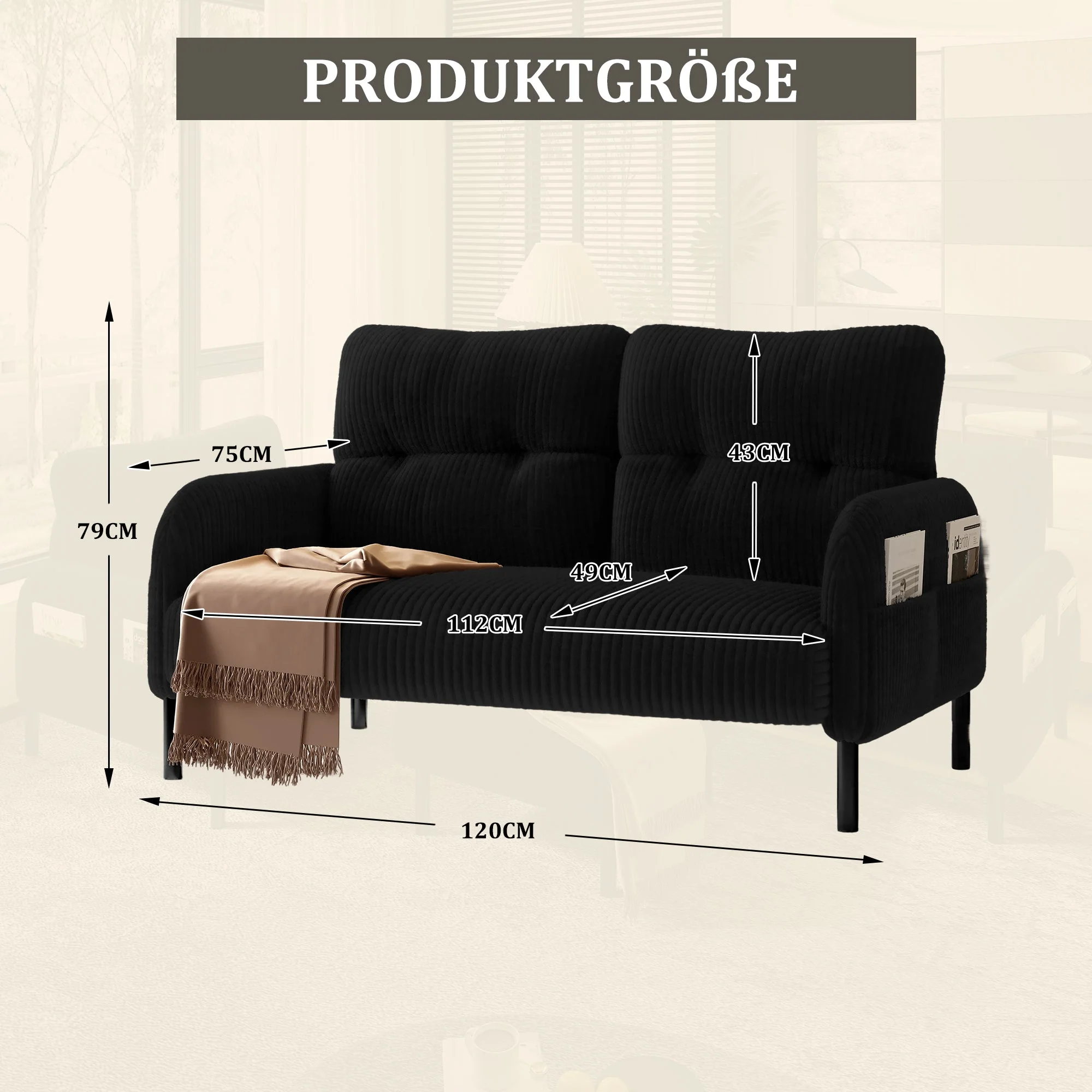 Two-seater Sofa with High Backrest & Side Pockets, Metal Feet, Corduroy - Image 2
