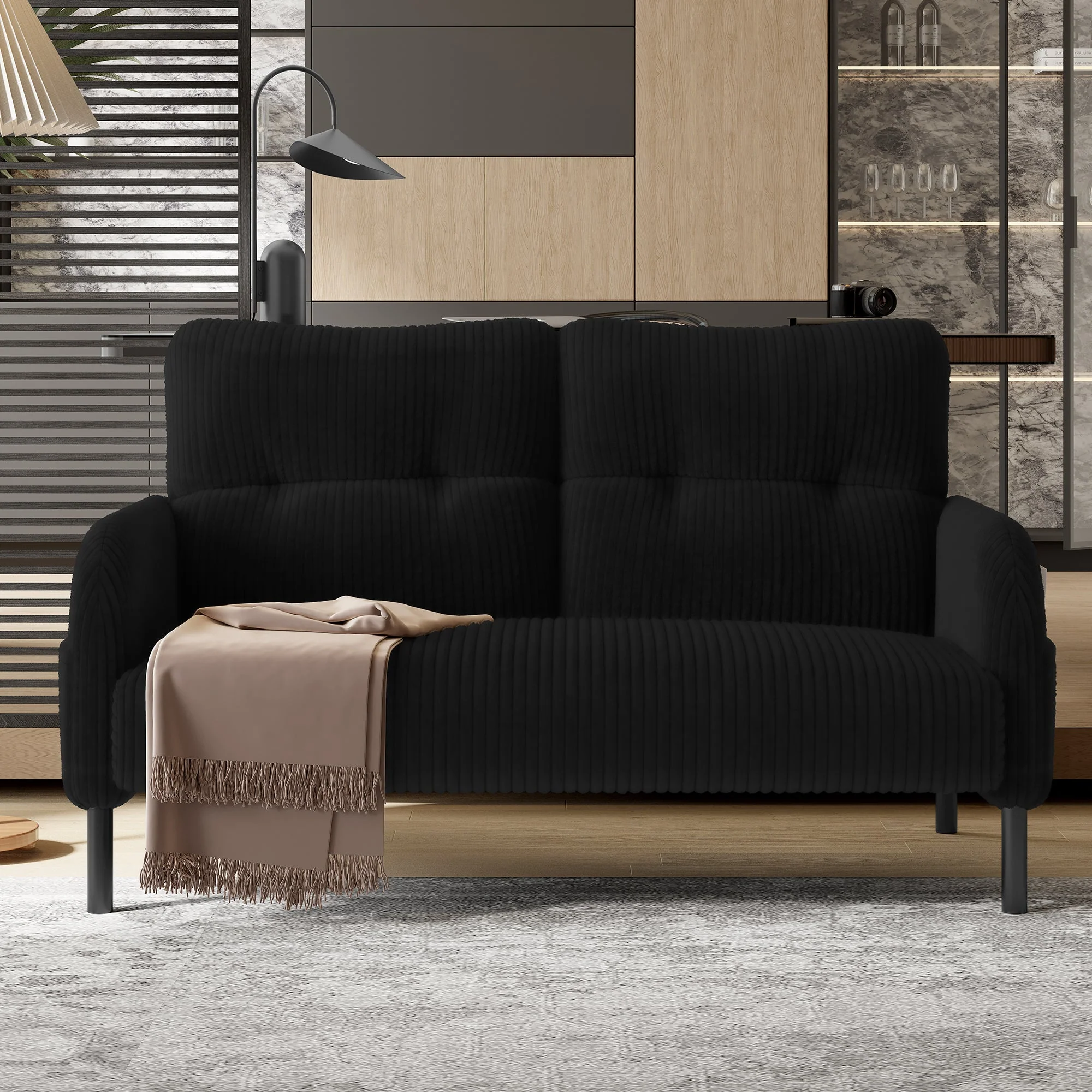 Two-seater Sofa with High Backrest & Side Pockets, Metal Feet, Corduroy - Image 8