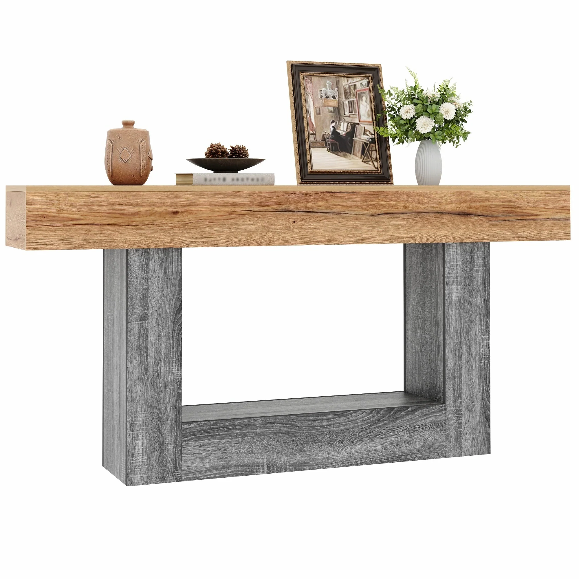 Two-Tone Console Table with Storage Shelf and Thick Tabletop, Wood Look Chipboard - Image 2