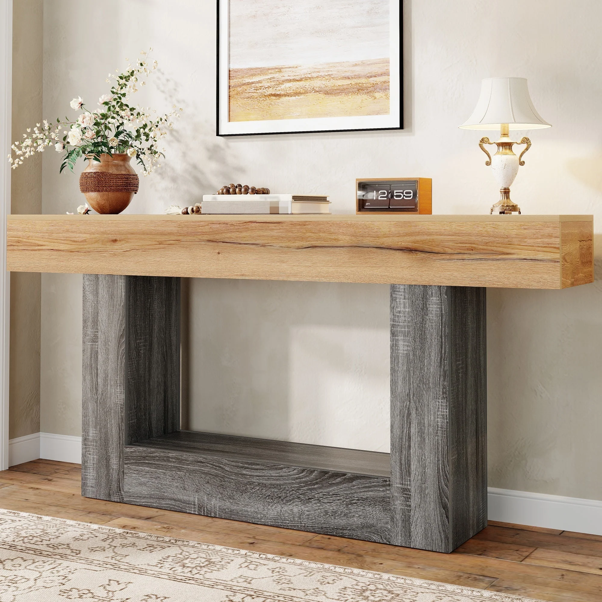 Two-Tone Console Table with Storage Shelf and Thick Tabletop, Wood Look Chipboard - Image 3