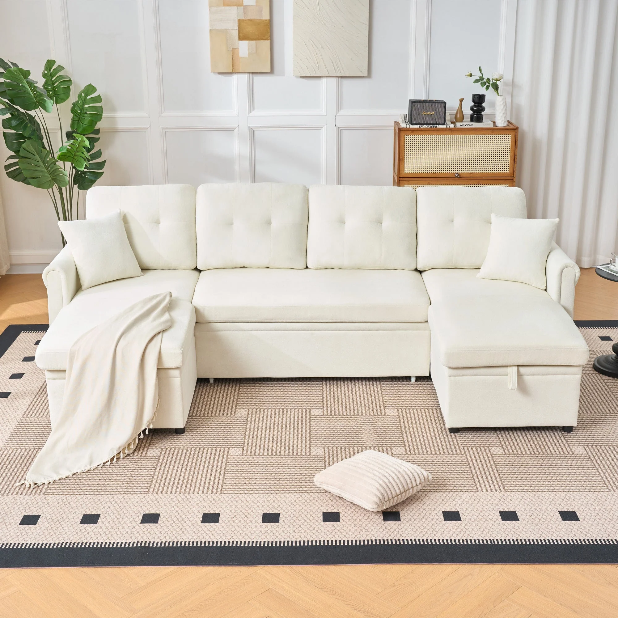 U-shaped Corner Sofa Sleeper Storage Couch - Chenille Beige - Image 3