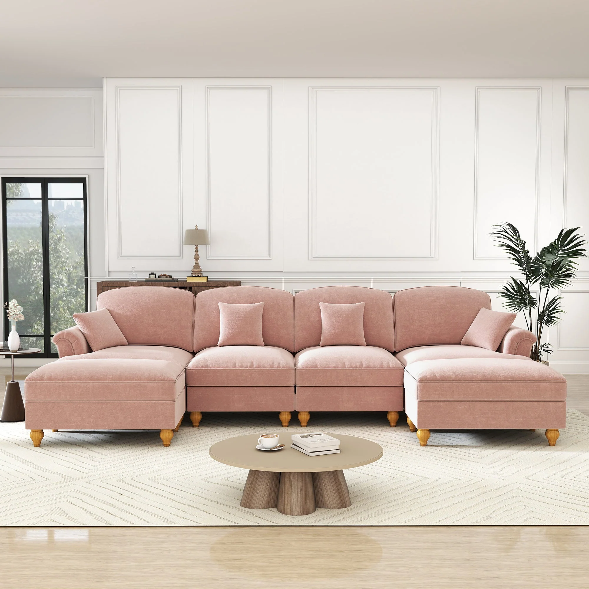 U-shaped Modular Sofa 4-Seater Chenille with Ottoman - Pink - Image 3