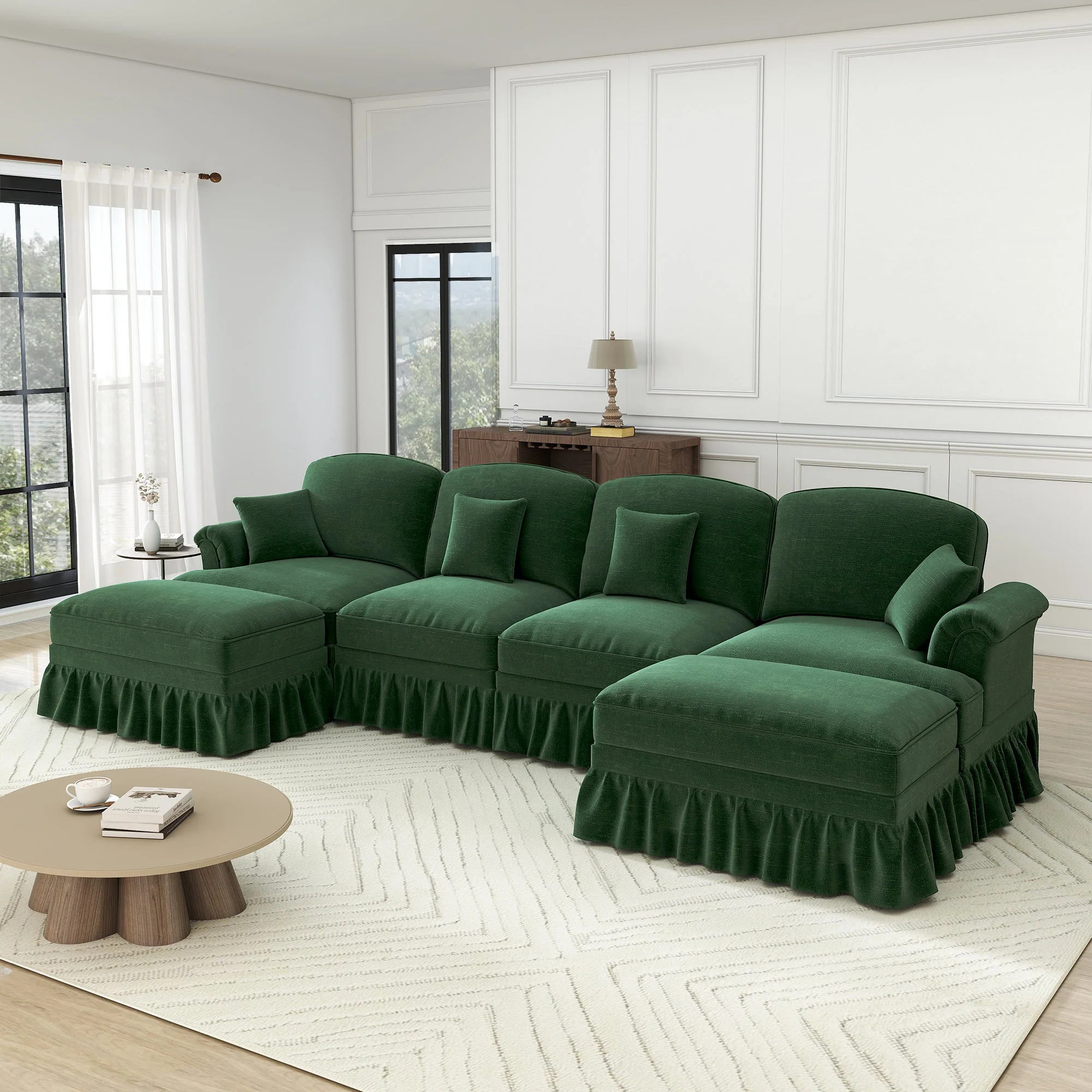 U-shaped Modular Sofa 4-Seater Movable Ottoman - Chenille Green - Image 2