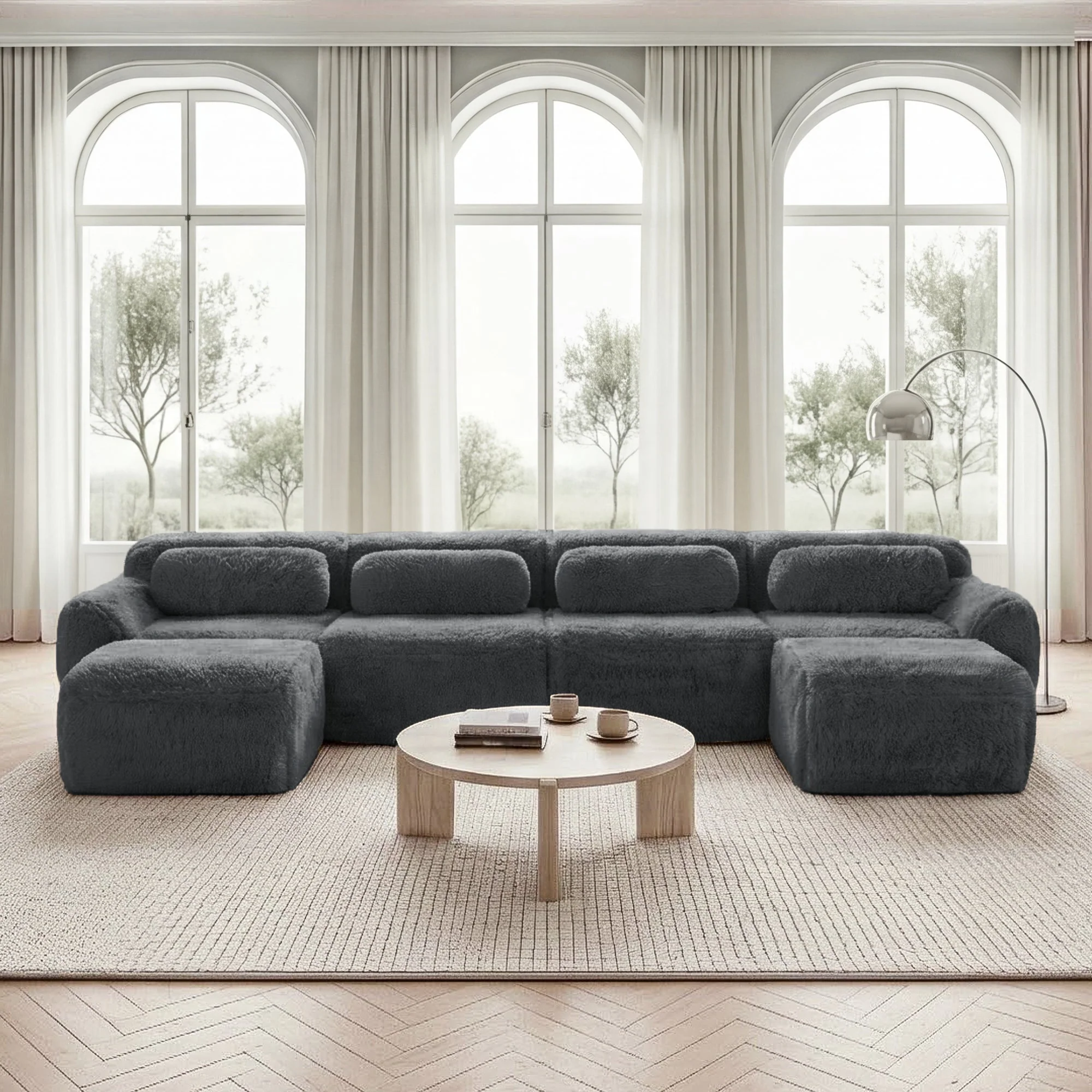 U-Shaped Modular Sofa, No Assembly, Freely Combinable Plush Fabric, Grey - Image 2