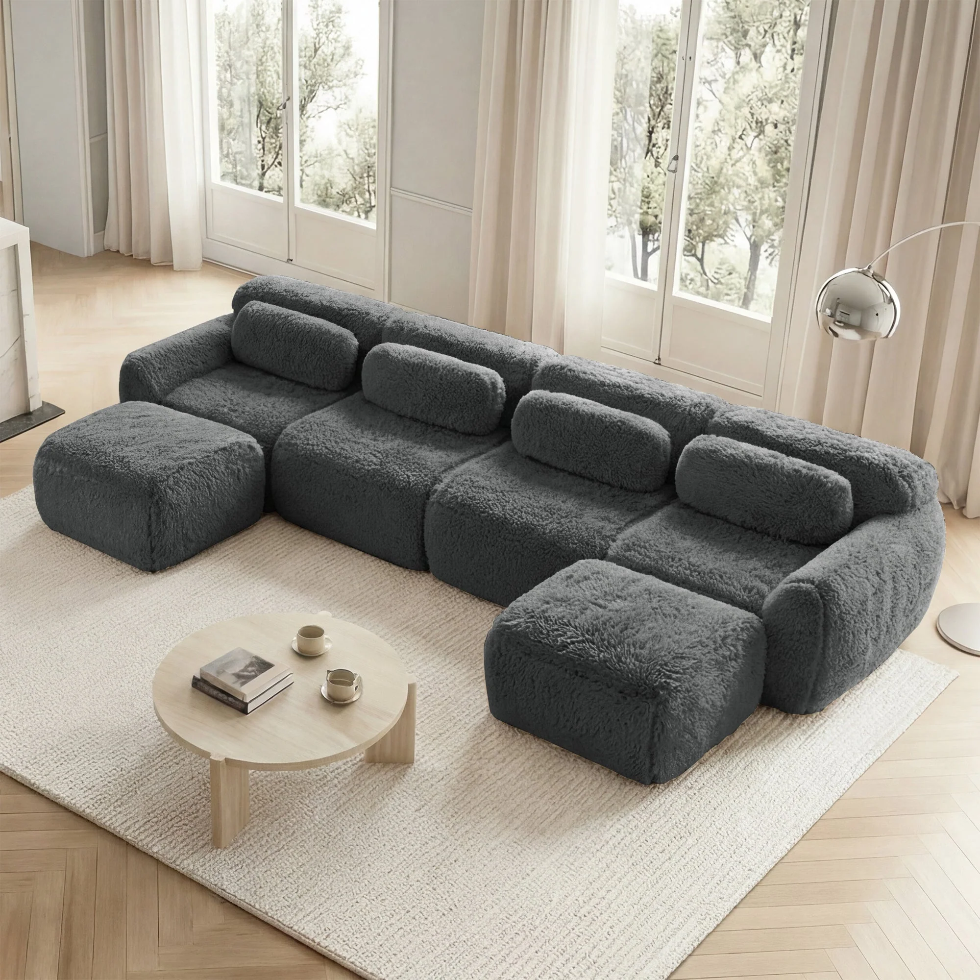 U-Shaped Modular Sofa, No Assembly, Freely Combinable Plush Fabric, Grey - Image 3