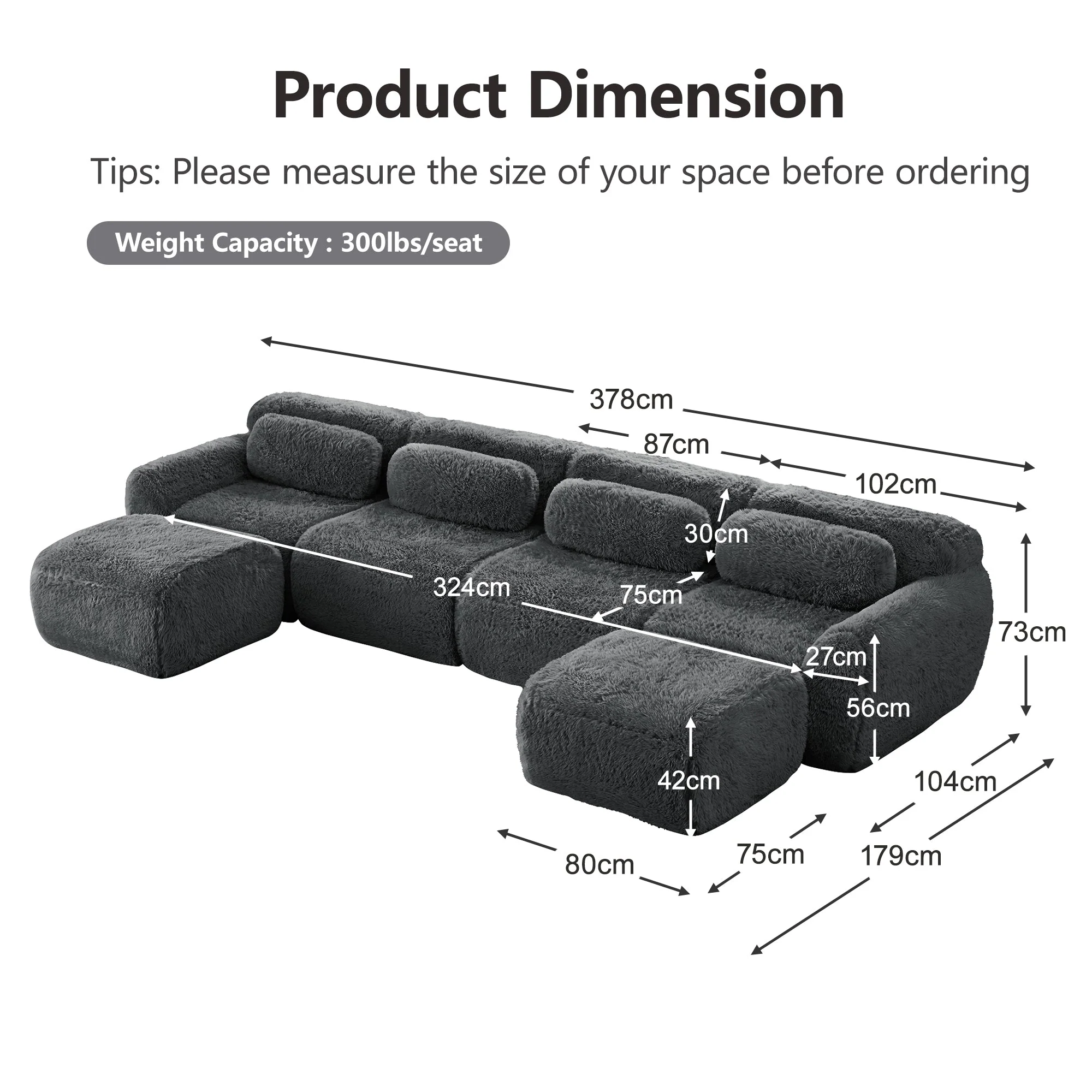 U-Shaped Modular Sofa, No Assembly, Freely Combinable Plush Fabric, Grey - Image 7