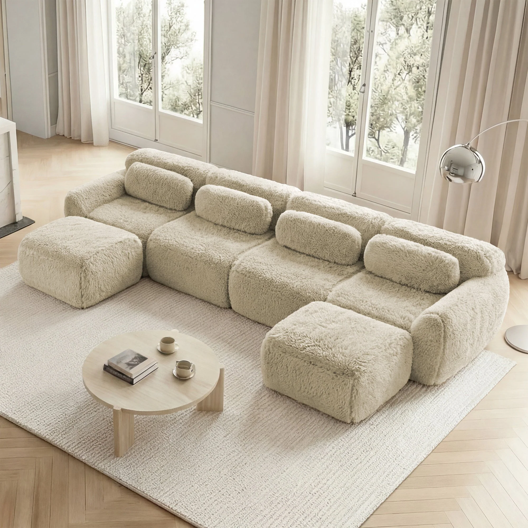 U-Shaped Modular Sofa - No Assembly, Plush Fabric - Light Khaki - Image 2