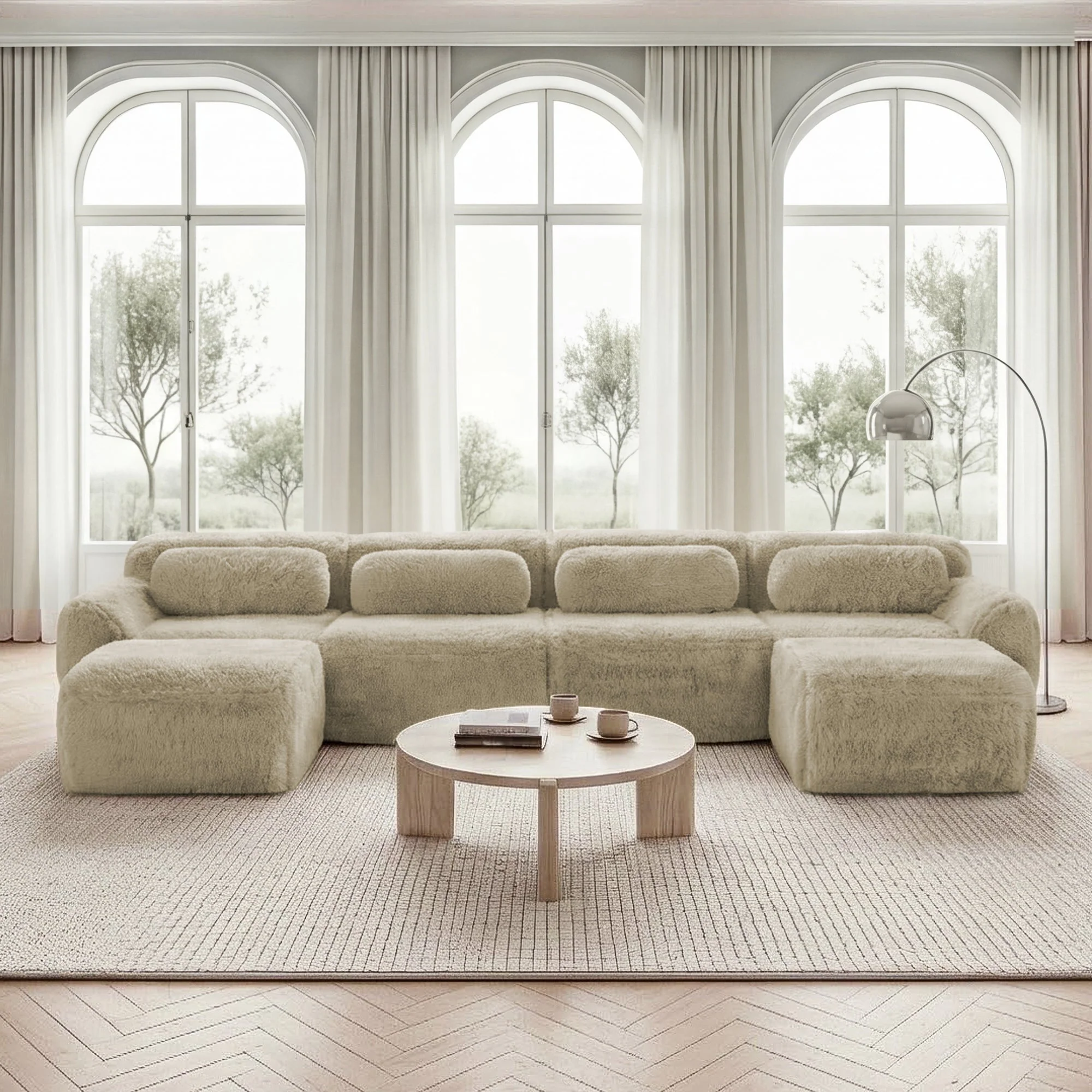 U-Shaped Modular Sofa - No Assembly, Plush Fabric - Light Khaki - Image 3