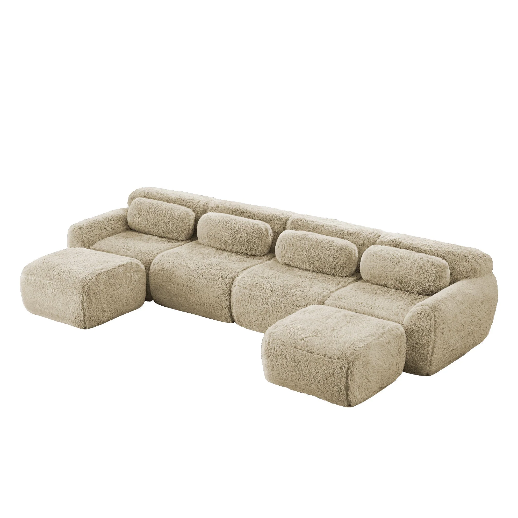 U-Shaped Modular Sofa - No Assembly, Plush Fabric - Light Khaki - Image 6
