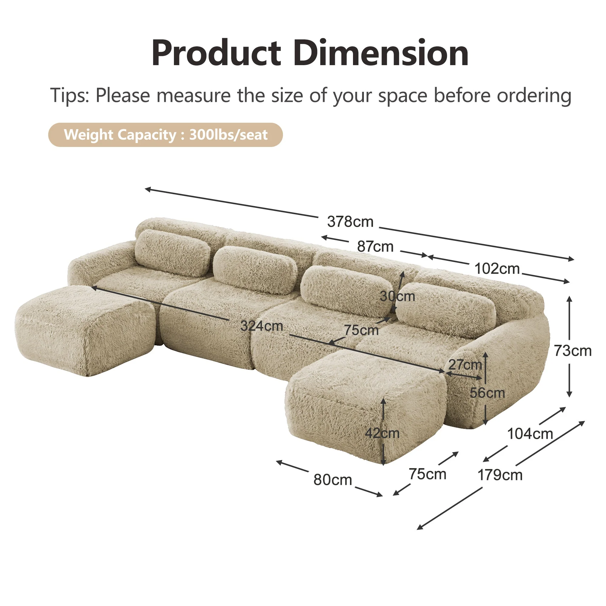 U-Shaped Modular Sofa - No Assembly, Plush Fabric - Light Khaki - Image 7