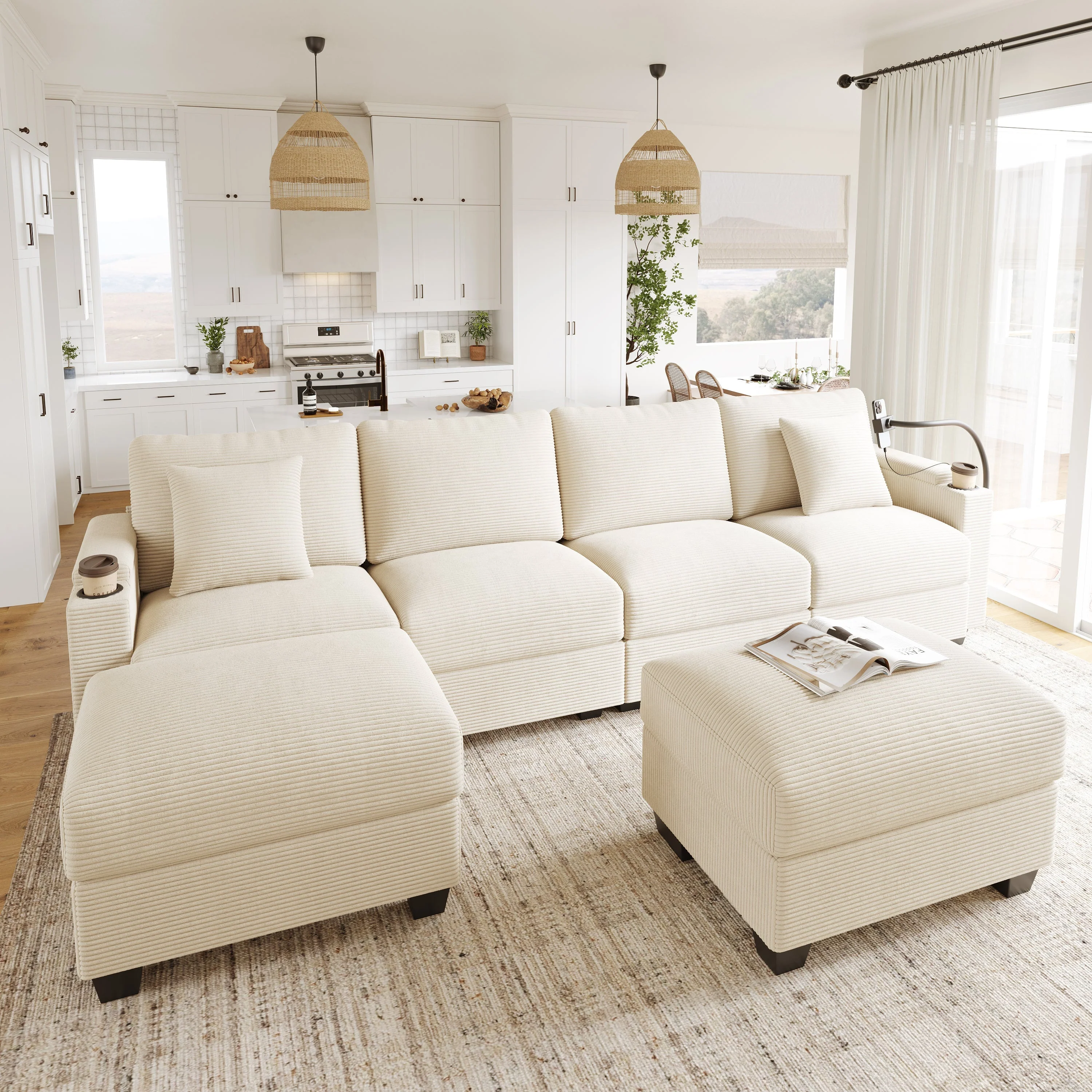 U-Shaped Modular Sofa with Sleeping Function, Phone Holder and USB Port, Beige Corduroy - Image 3
