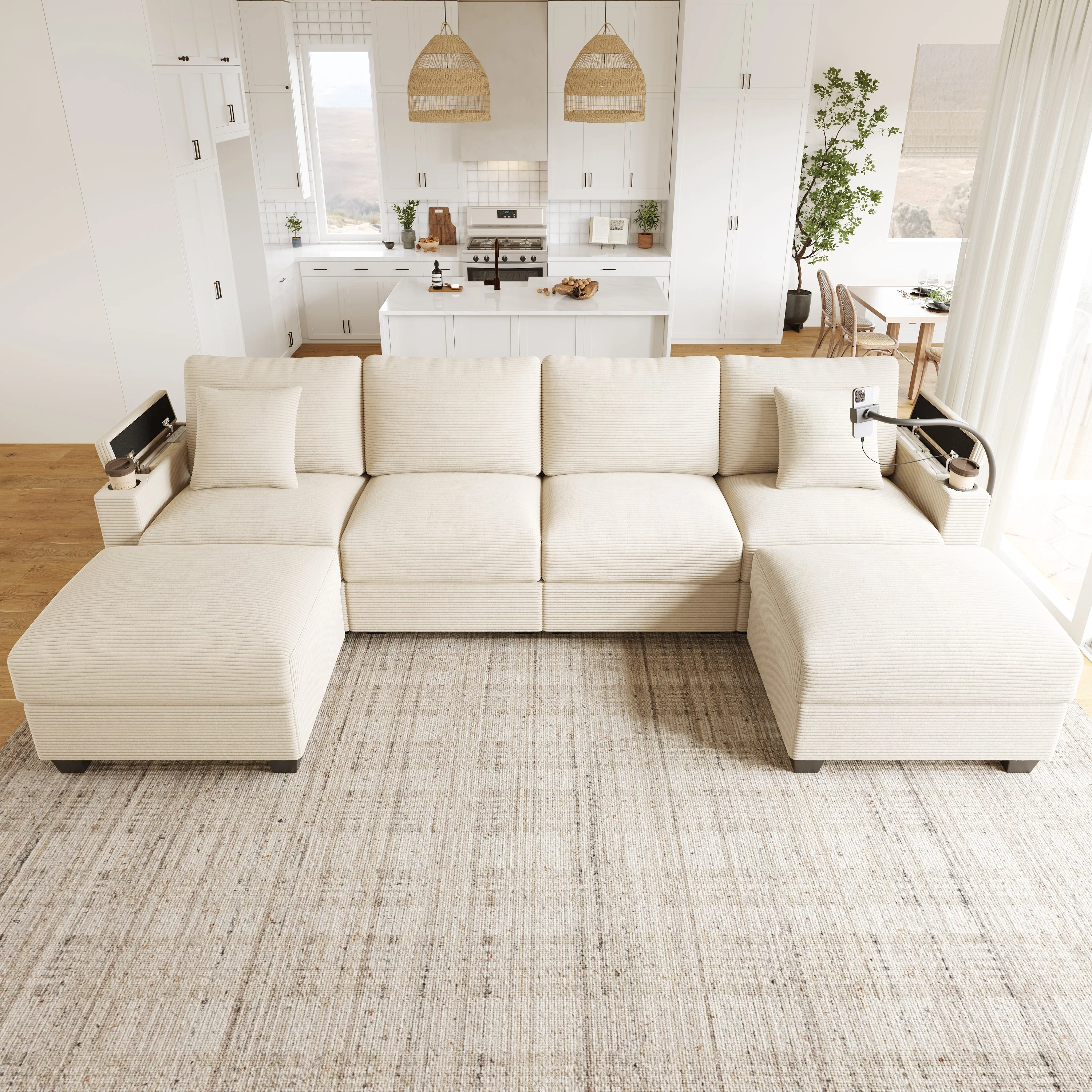 U-Shaped Modular Sofa with Sleeping Function, Phone Holder and USB Port, Beige Corduroy - Image 4