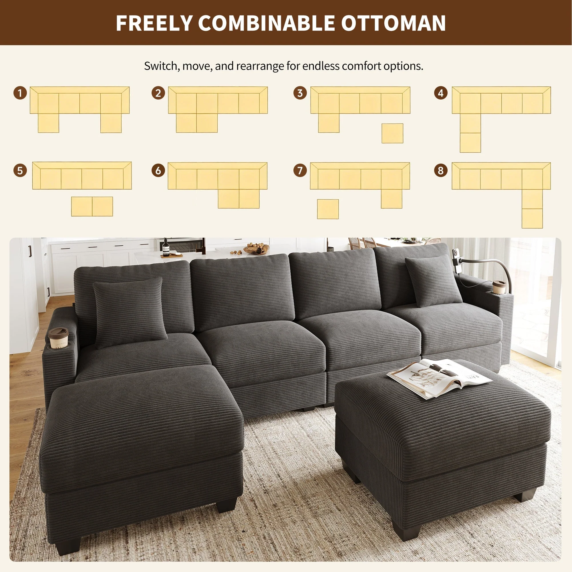 U-Shaped Modular Sofa with Sleeping Function, USB Port and Phone Holder, Gray Corduroy - Image 8