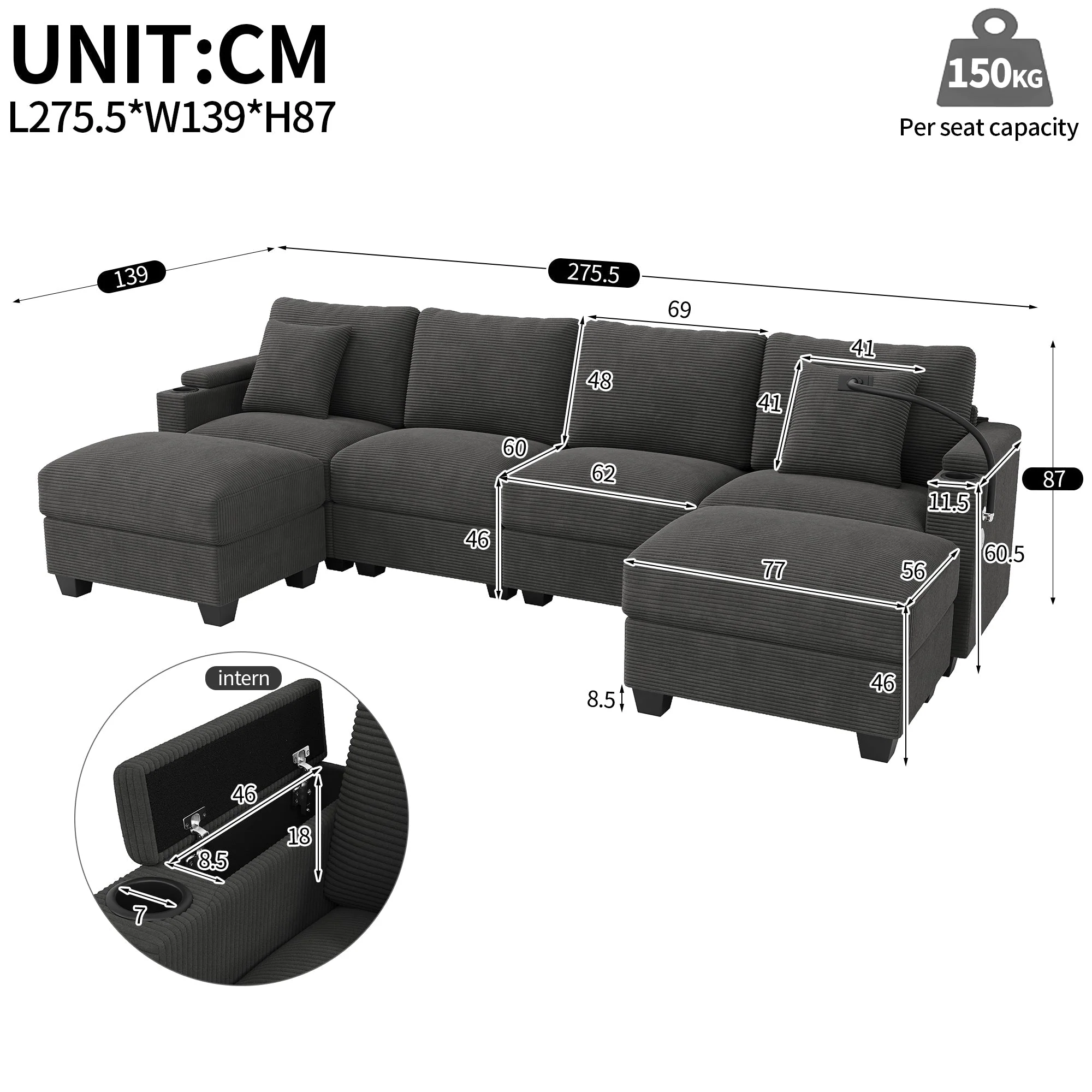 U-Shaped Modular Sofa with Sleeping Function, USB Port and Phone Holder, Gray Corduroy - Image 9