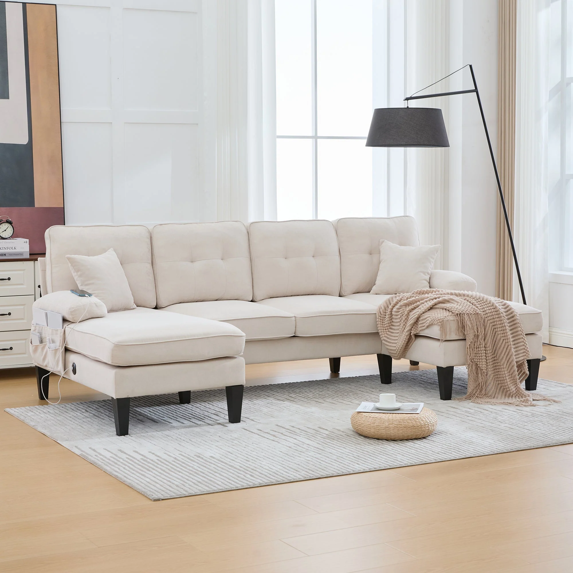 U-shaped Sofa Large 4-Seater Two Chaise Lounges Linen Fabric Beige - Image 10