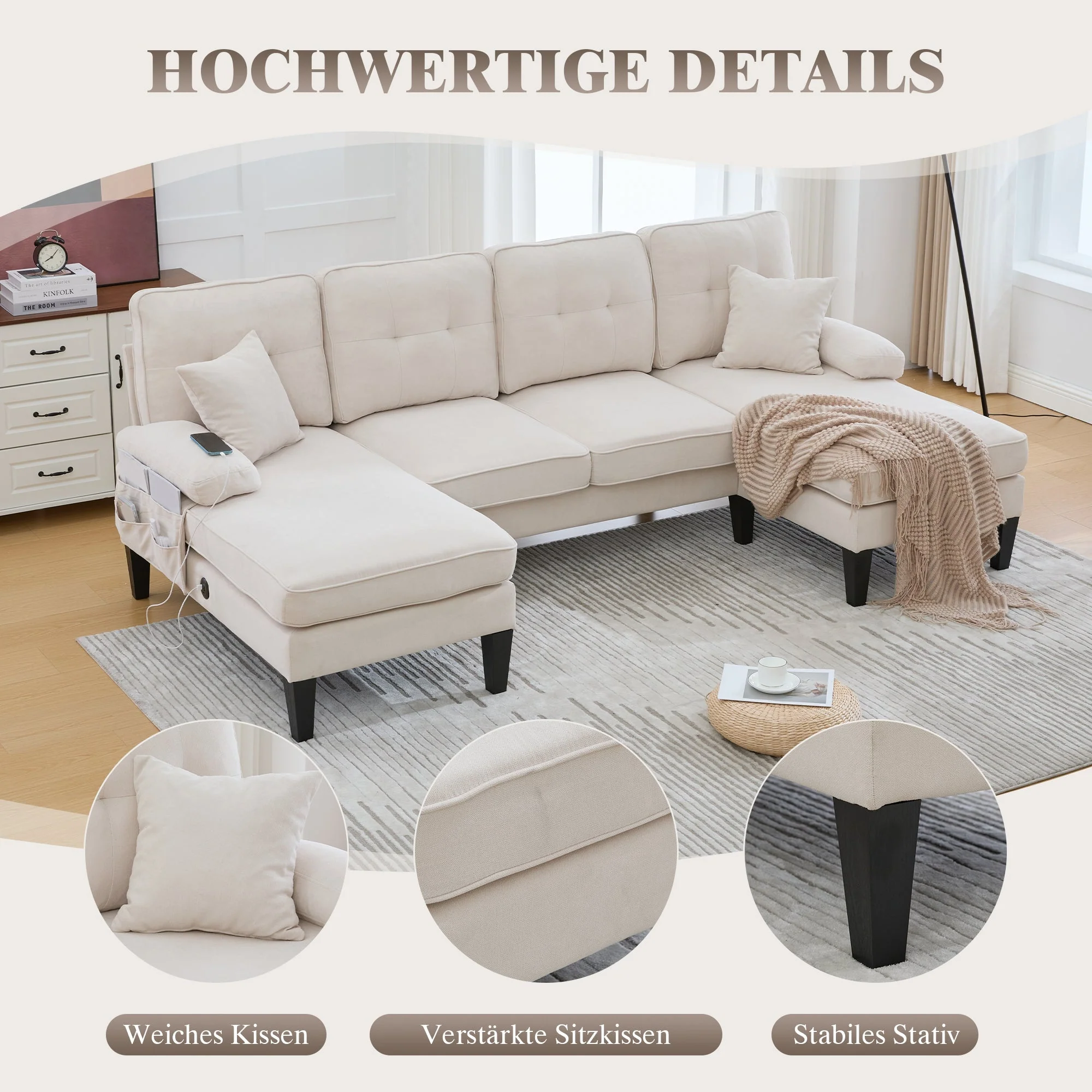U-shaped Sofa Large 4-Seater Two Chaise Lounges Linen Fabric Beige - Image 3