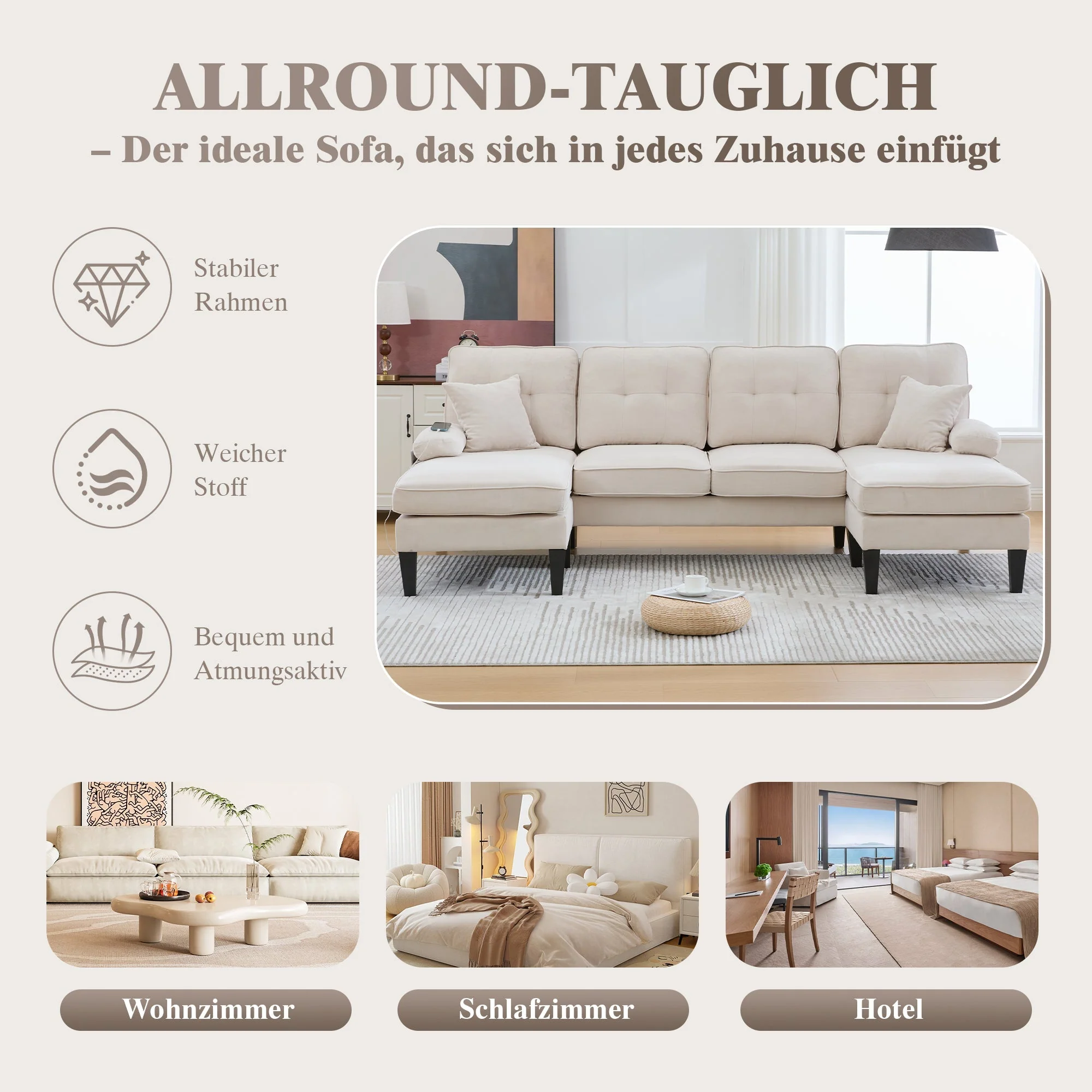 U-shaped Sofa Large 4-Seater Two Chaise Lounges Linen Fabric Beige - Image 7