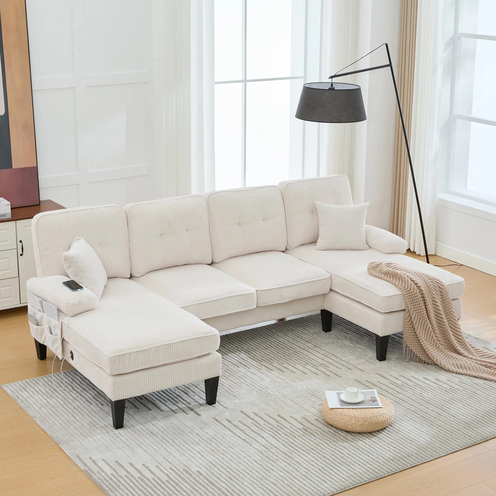 U-shaped Sofa Large 4-Seater Two Chaise Lounges Linen Fabric Beige - Image 8