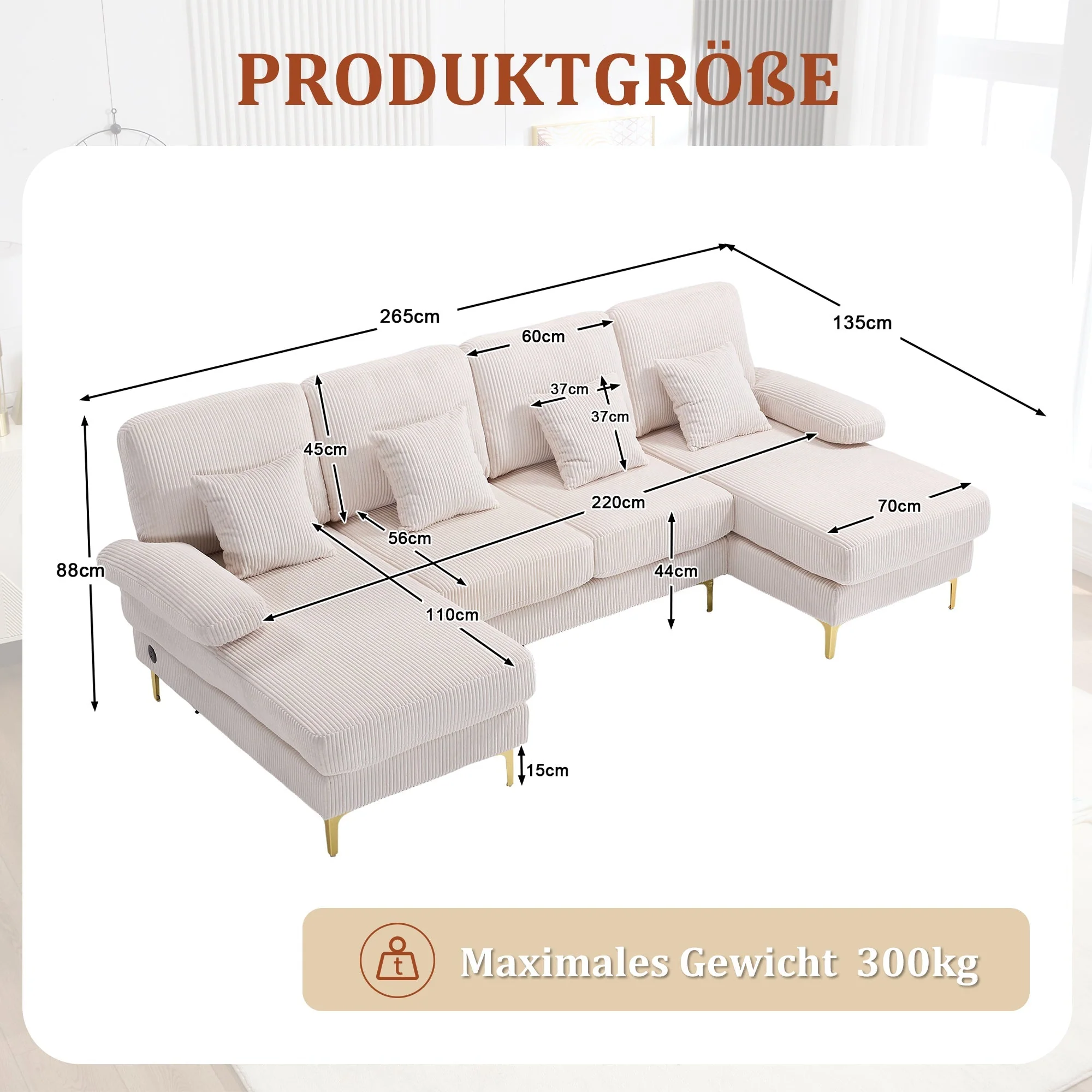 U-shaped Sofa, LED Ambient Lighting, USB-C Port, Solid Wood Frame, Beige - Image 2