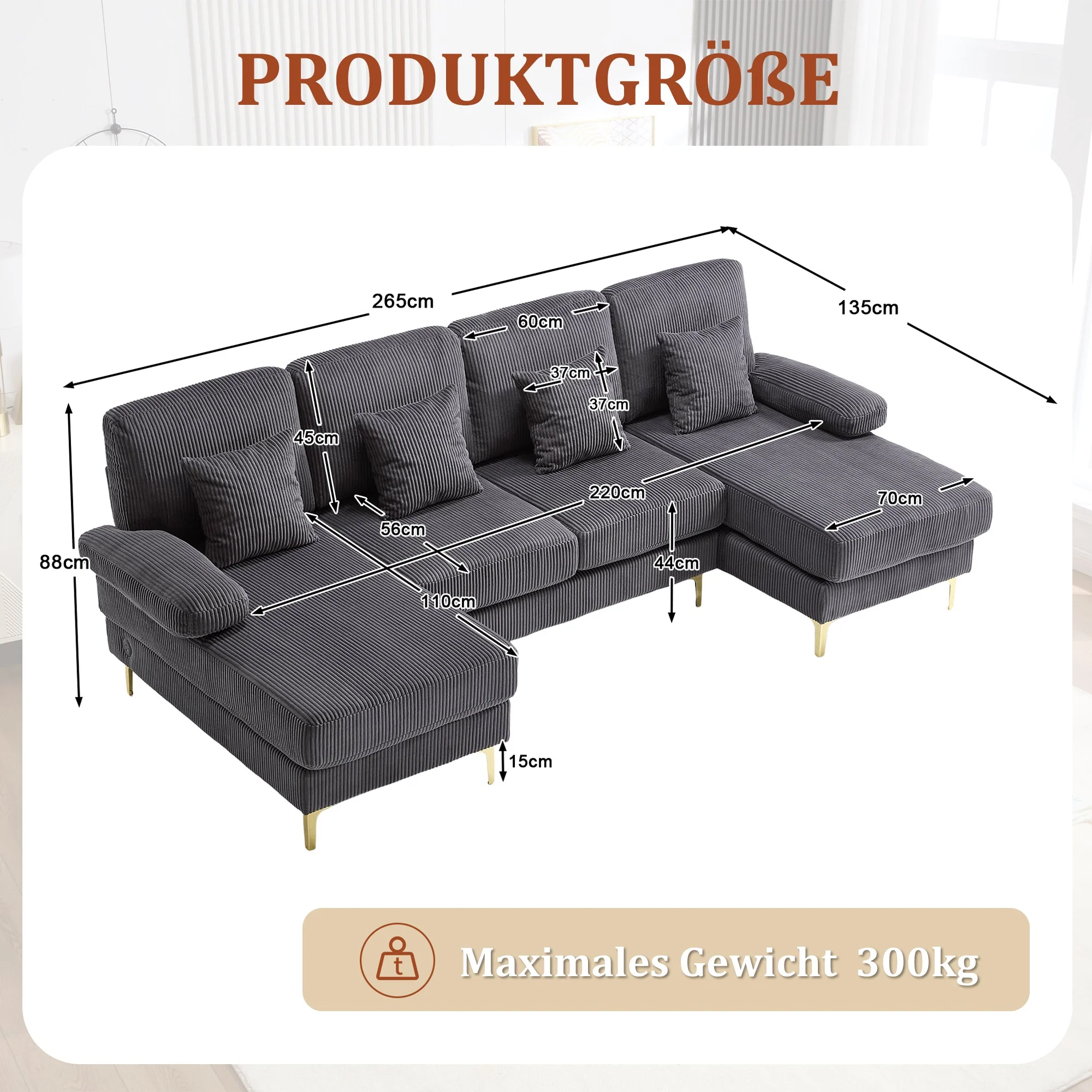 U-Shaped Sofa, LED Ambient Lighting & USB-C Port, Solid Wood Frame, Grey